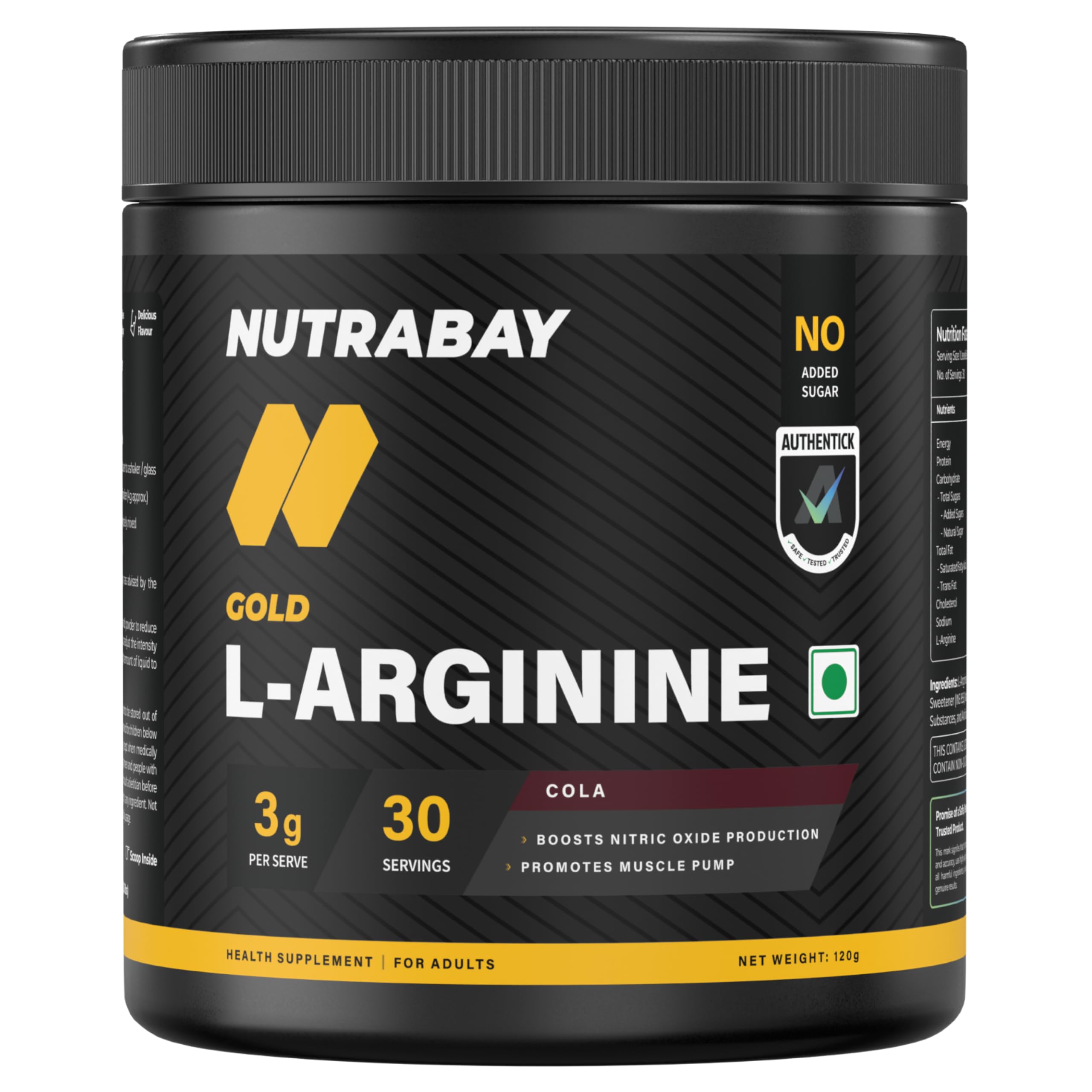 Nutrabay Gold L-Arginine Supplement Powder 120g, Cola Flavor – Pre Workout Amino Acid for Endurance, Muscle Building & Faster Recovery | Tested for Purity | Authentic