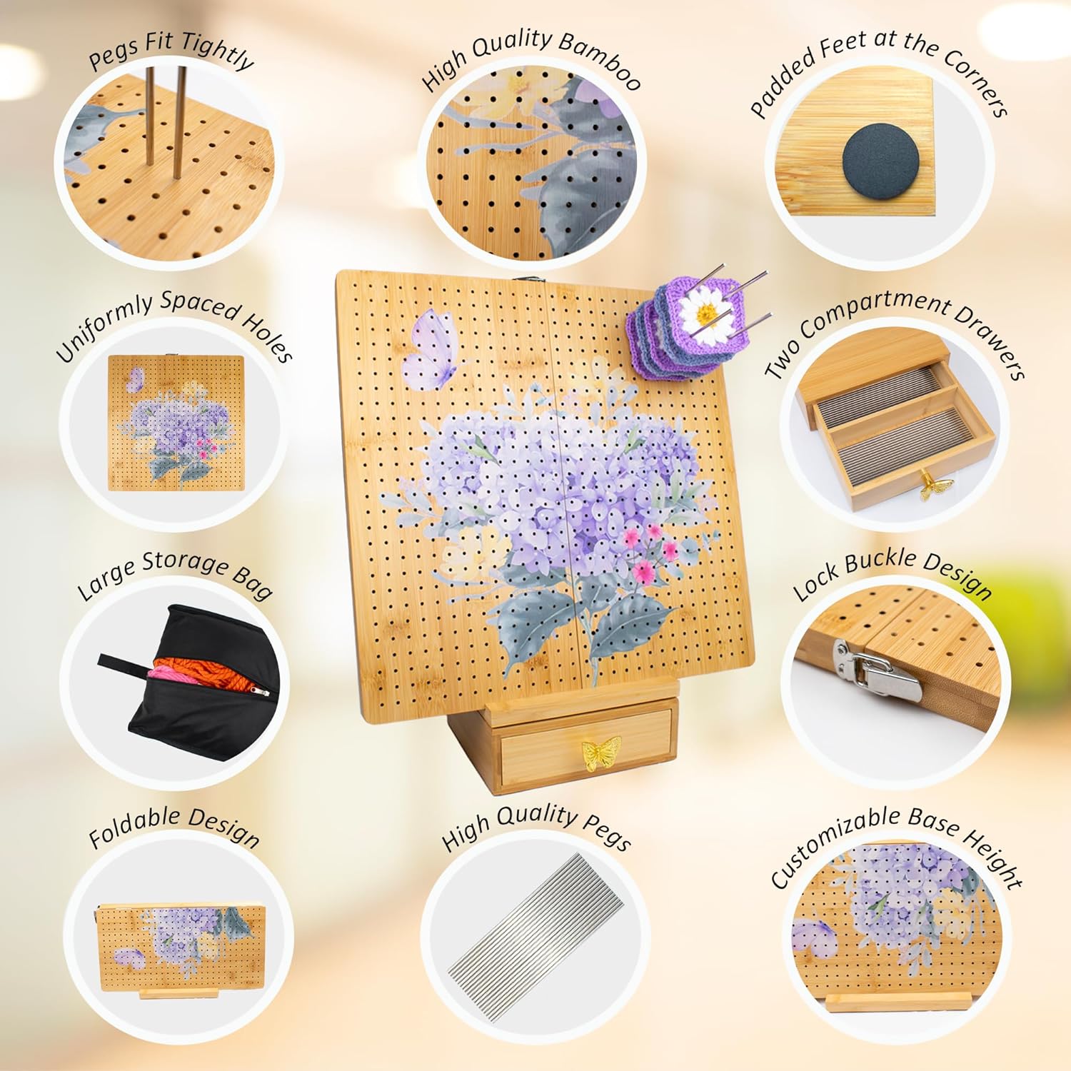 Crochet Cast Foldable Bamboo Crochet Blocking Board 15” | 40  Stainless  Steel Rods, Hydrangea Art, Carry Bag  &  Drawer, Anti‑Slip Dots | Granny Square & Knitting Projects – 0.8" Thick Adjustable Mat