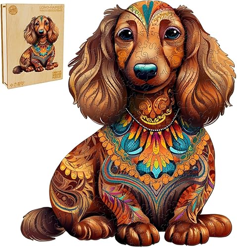 Rompecabezas de madera, rompecabezas de perro salchicha de pelo largo para adultos, rompecabezas de madera avanzada con forma de perro única,