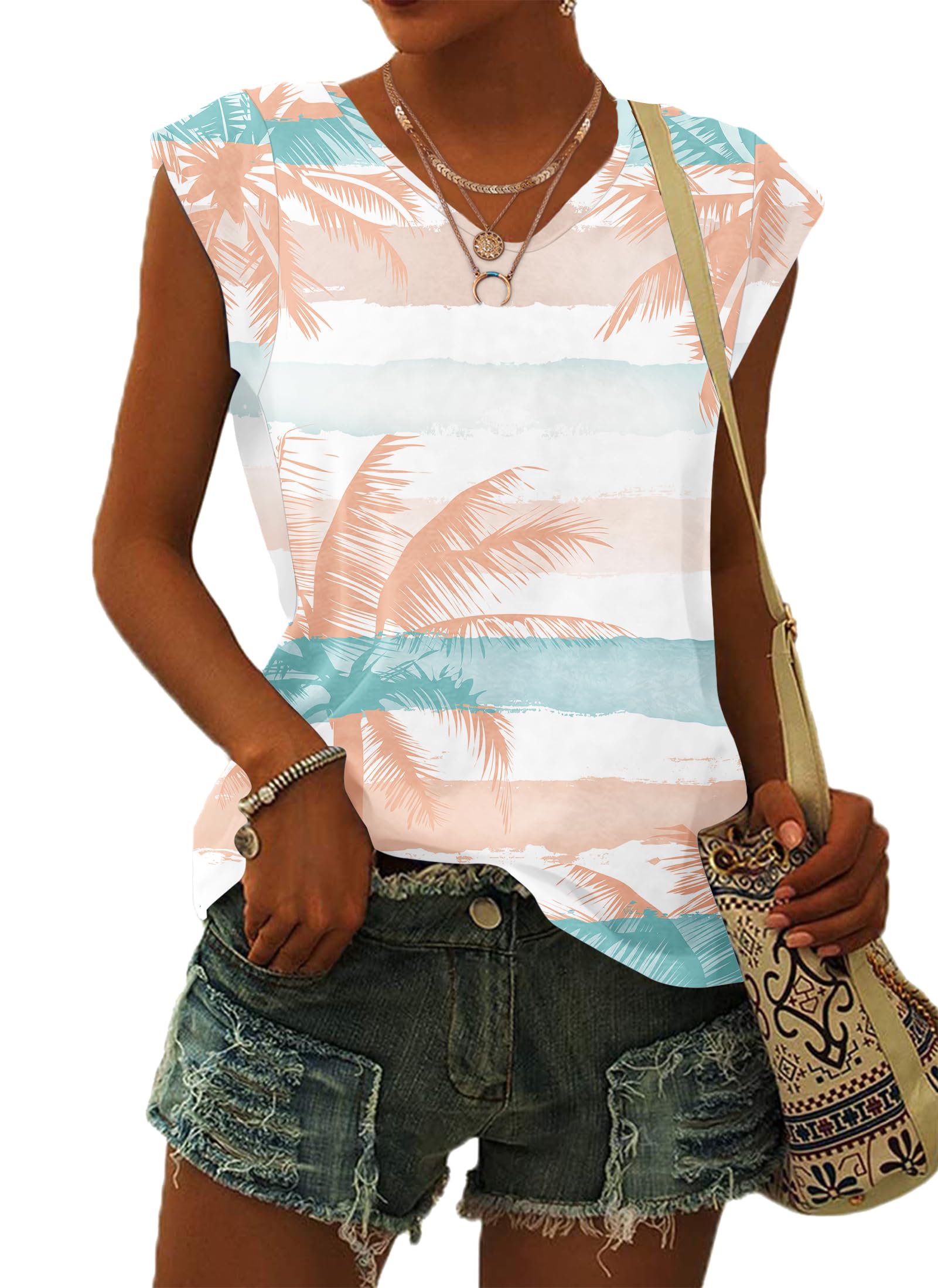 Wneedu Women's 01-Coconut Tree Tops Summer T-Shirts For Uk V Neck Cap Sleeve Summer Tank Tops Blouses Coconut Tree Xxl
