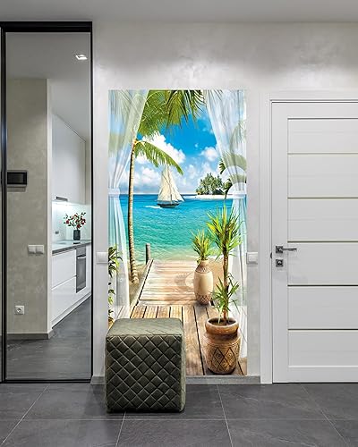 Miniatura 3 de FLFK Adhesivo mural para puerta, océano, despegar y pegar, tamaño combinado 32 x 80 pulgadas, dividido en 2 piezas