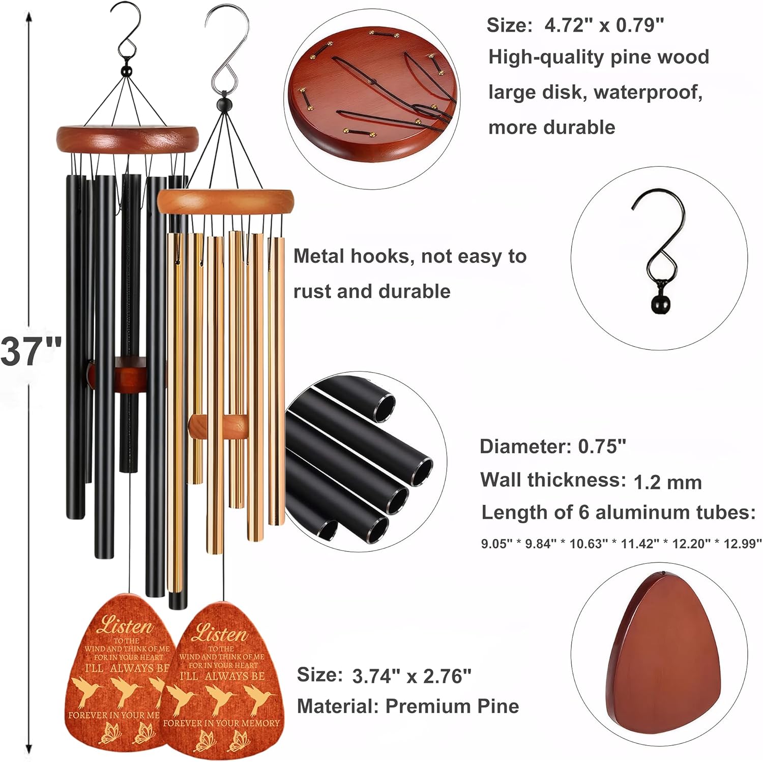 37" Sympathy Wind Chimes with Hummingbird, Memorial Wind Chimes for Loss of Loved One Prime, Bereavement/Sympathy/Memorial Gift for Loss of Mother Father Husband Remembrance!(P1) (Black, 37")