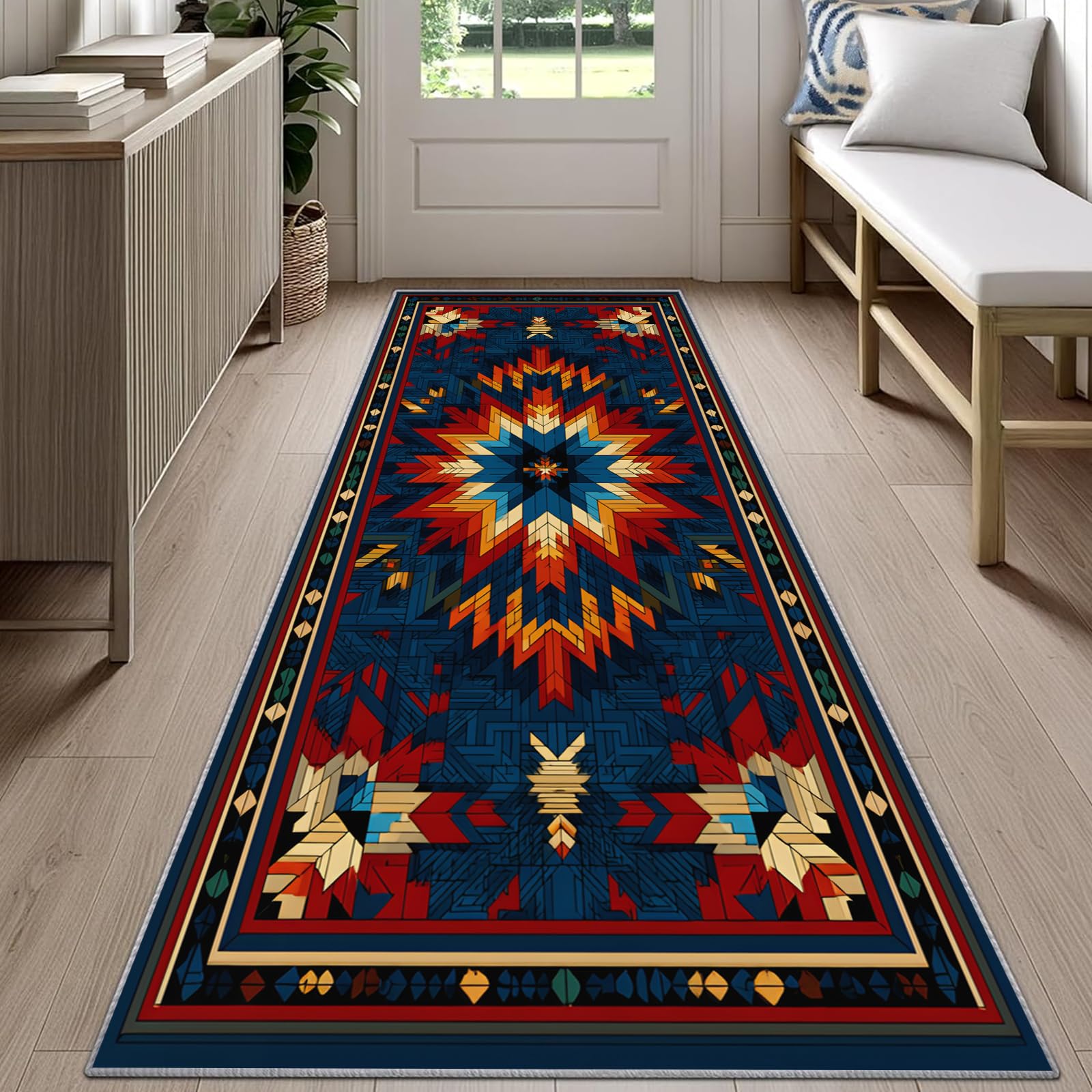 Retro Western Carpet Runners for Hallways 60x300cm Native American Carpet Runner, Aztec Rustic Long Area Rug, Non Slip Washable Rugs for Living Room Bedroom Bedside