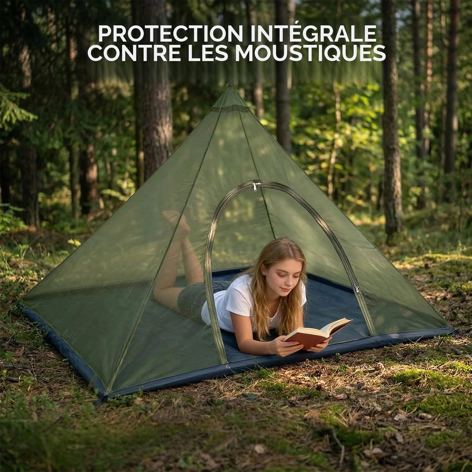Moustiquaire de camping avec fermeture éclair : portable, pliable, pour le lit, le camping en plein air (vert militaire, 220 cm x 120 cm x 135 cm)