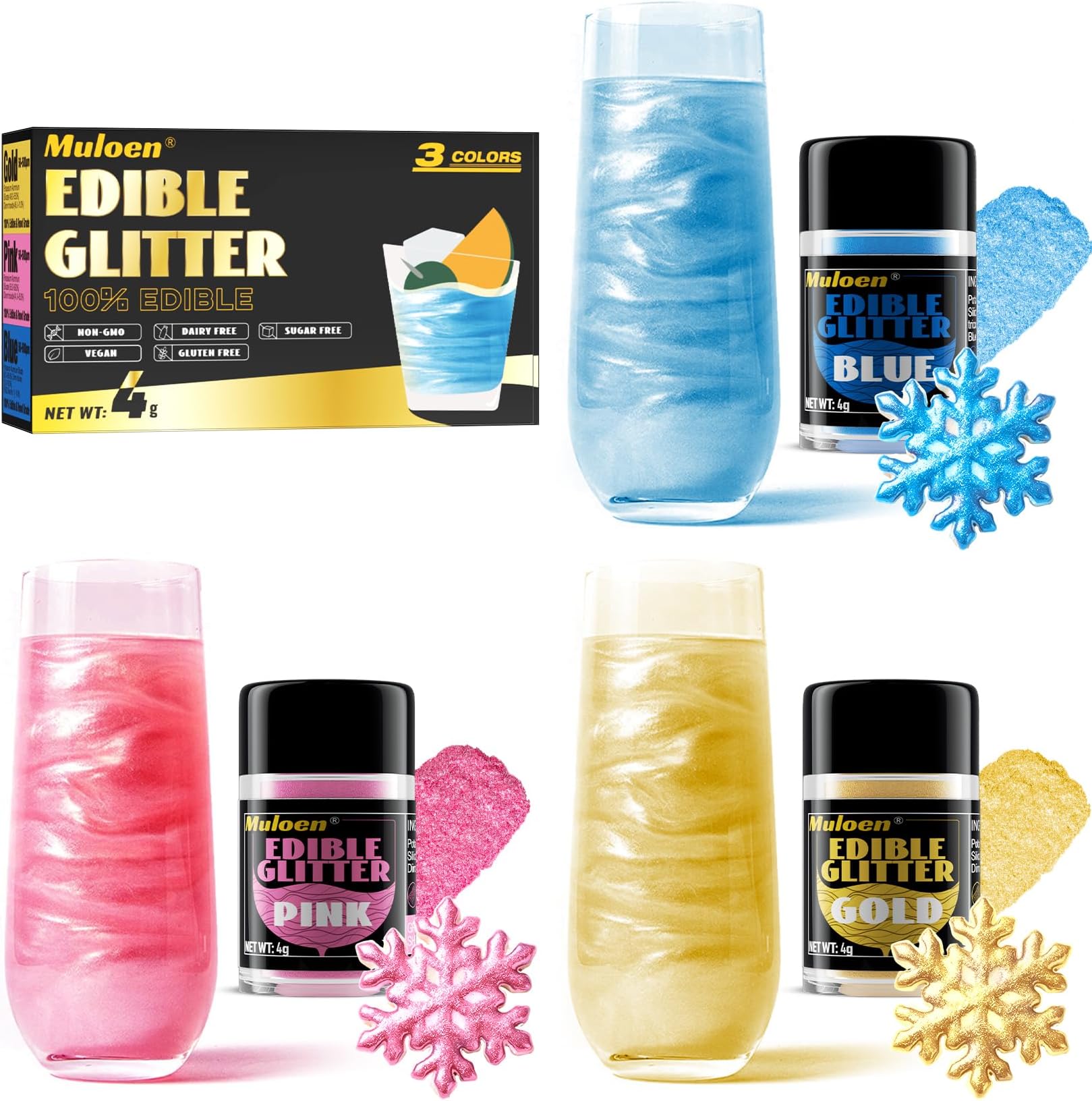 Edible Glitter, 3 Colors 100% Edible Glitter for Drinks, Cake Decorating Supplies, Cookie Decorating Supplies, Strawberries, Cookie, Cocktails, Chocolate, etc. Luster Dust Edible(4g per Bottle)