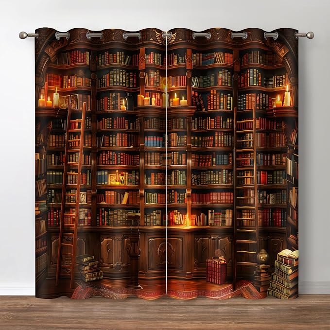 Jekeno Vintage Bookshelf Blackout Curtains 2 Panel Set, 52"x84"