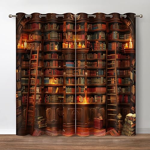 Jekeno Vintage Bookshelf Blackout Curtains Library Books Bookcase Ladder Candle