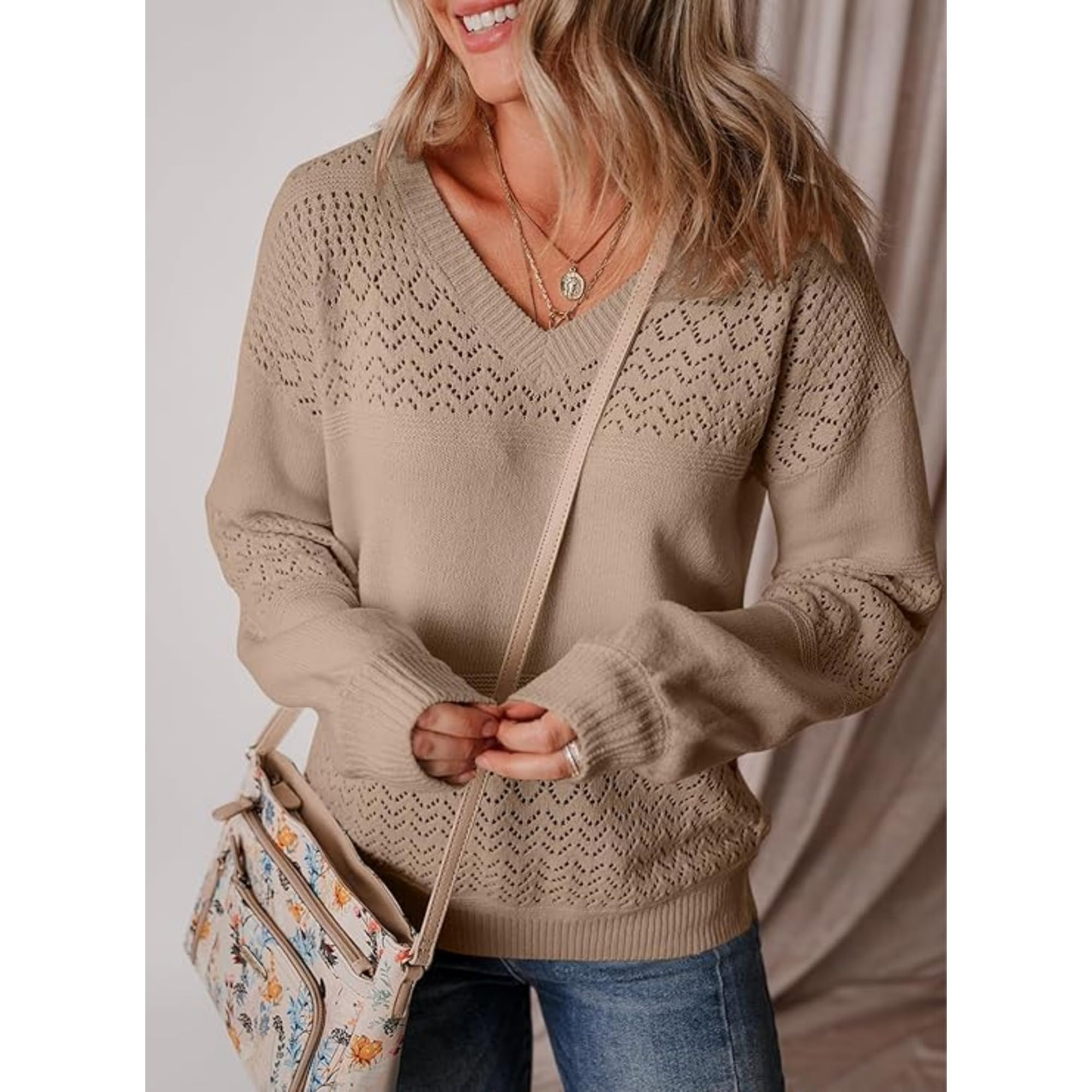 Donne Crochet Hollow Out Maglia Maglia Scollo a V Manica Lunga Polsino A Costine Felpa Primavera Autunno Regolare Casual Pullover