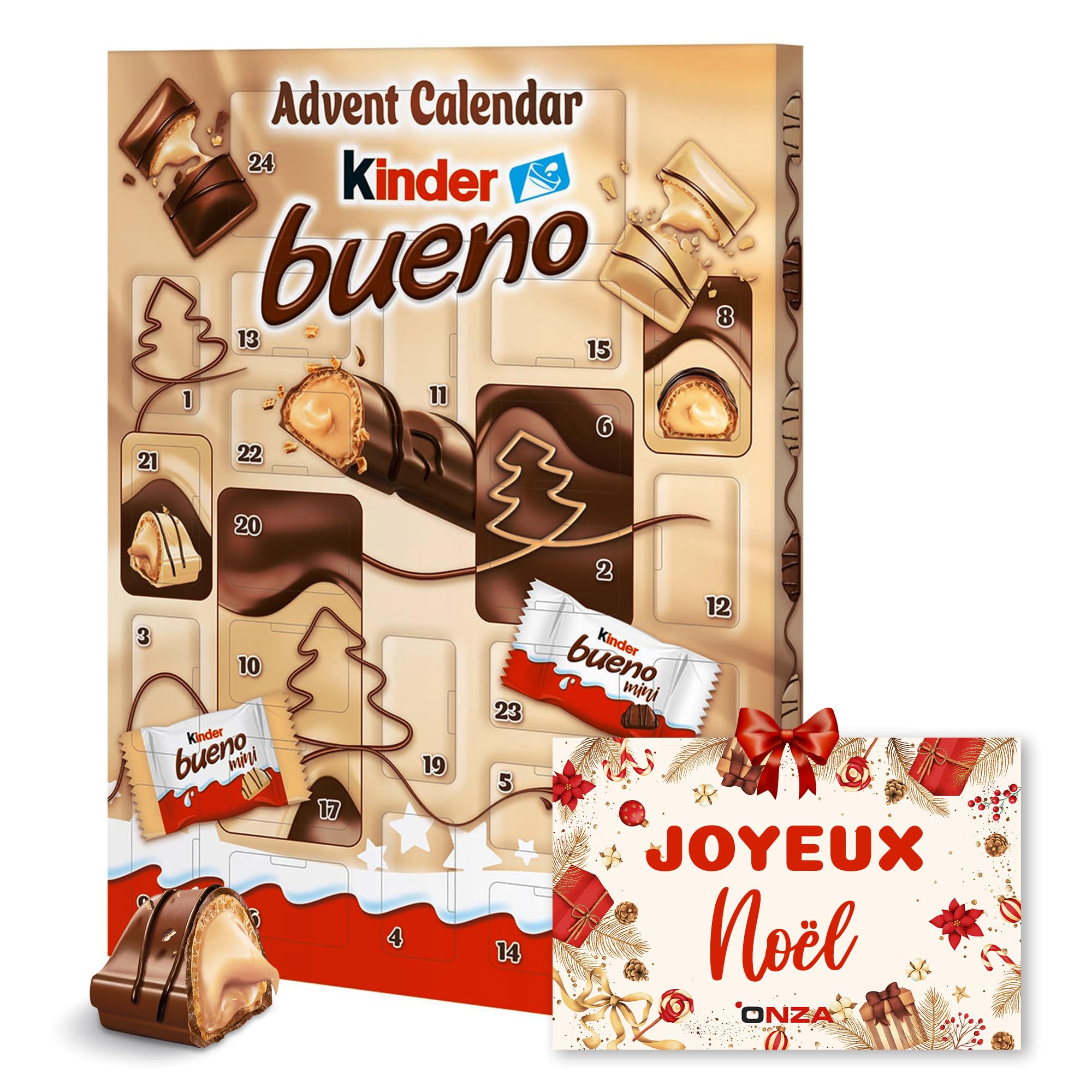 Onza Calendrier de l'Avent Chocolat Kinder Bueno. Cadeau Original pour Noël avec des Chocolats Kinder Bueno et Kinder Bueno Mini. Calendrier de lavent 2024 avec Carte Cadeau de Noël. (167 grammes)