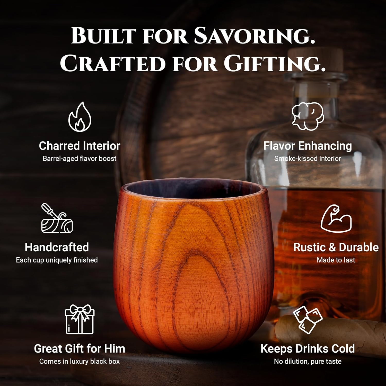 Premium Charred Wooden Whiskey Bourbon Drinking Glasses | Whisky Gifts for Men, Dad, or Brother | Handcrafted Old Fashioned Glasses Tumblers with 6 Stainless Steel Ice Cubes and Tongs | Set of 2 - Image 4