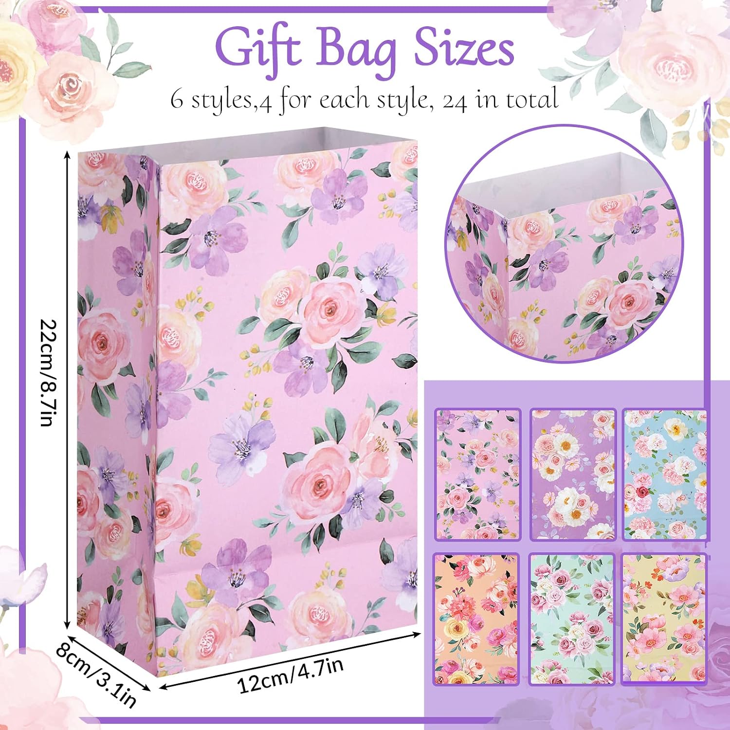 Panelee 24 Pcs Floral Gift Bags for Mother's Day Pastel Small Tea Party Favors Flowers Paper Lunch Bag Bulk 8.7x4.7x3 in Goodie Candy Treat Pouches for Mom Tea Party Bridal Shower Birthday Decorations image 2