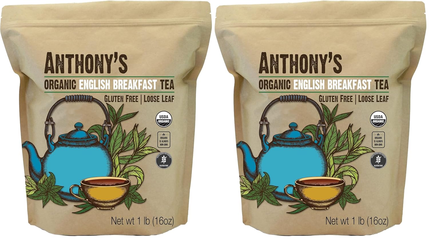 Anthony's Organic English Breakfast Loose Leaf Tea, 1 lb, Gluten Free, Non GMO, Non Irradiated, Keto Friendly (Pack of 2)