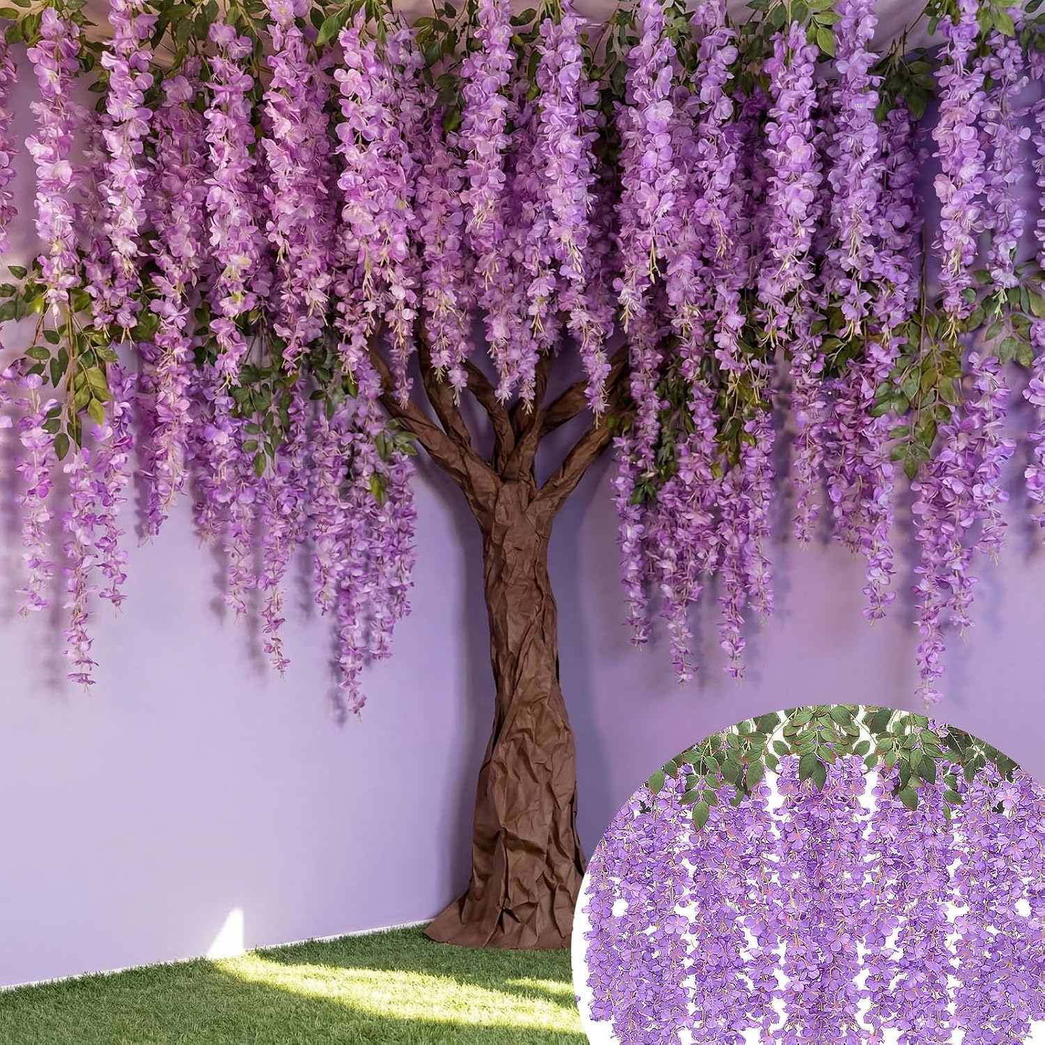 Giegxin 3D Wisteria Tree for Classroom Room Ceiling Wall Decor Bulletin Board 26 Pcs Large Wisteria Garland with 5 Metal Mesh Panels Artificial Fake Hanging Purple Flower for Wedding Bedroom Backdrop