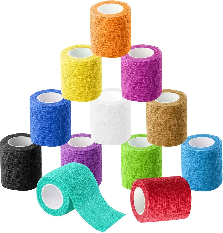 Kit 12 Bandagens Elásticas Autoadesivas 5cm x 4,5m, Faixas Compressivas para Esportes, Academia, Primeiros Socorros, Uso Veterinário e Tatuagem, Flexíveis e Coloridas