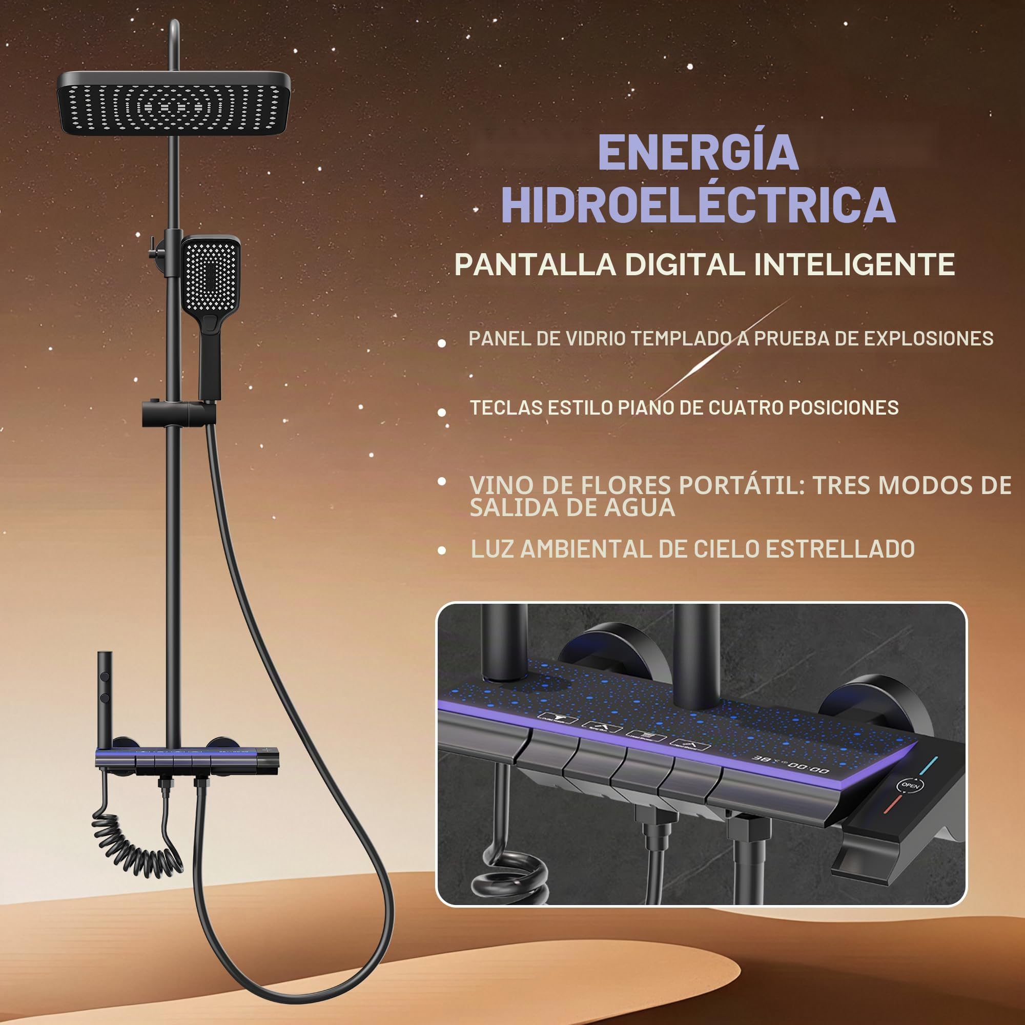 STANEW Columna Ducha de Titanio Negro Con Cabezal Cuadrado,Pantalla LED,Columna de Ducha 4 Modos,Ducha de Mano con 3 Modos,Altura ajustable 70-110CM (Negro(Estrellas brillantes))
