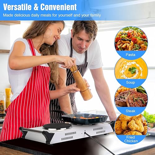 Miniatura 4 de Placa caliente de 2000 W, estufa eléctrica portátil para encimera, quemadores dobles con control de temperatura de 5 niveles y asas que se mantienen