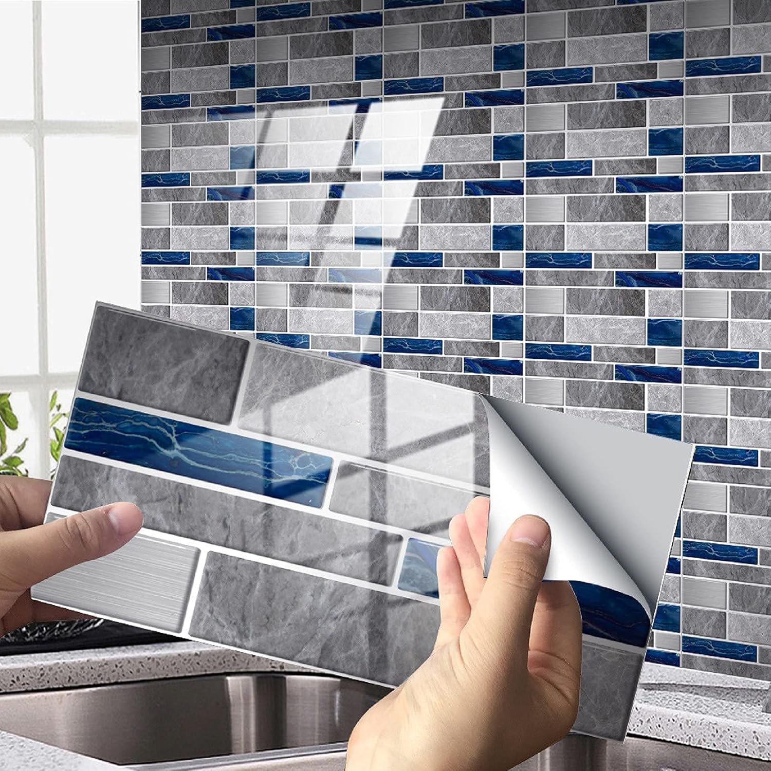 24-Sheet Premium Self-Adhesive Kitchen Back Splash Tiles in Marble, Peel and Stick Tile for 3D Stickers Kitchen, Bathroom, Counter Top, Marble Design 3.9 x 78.7 (Blue)
