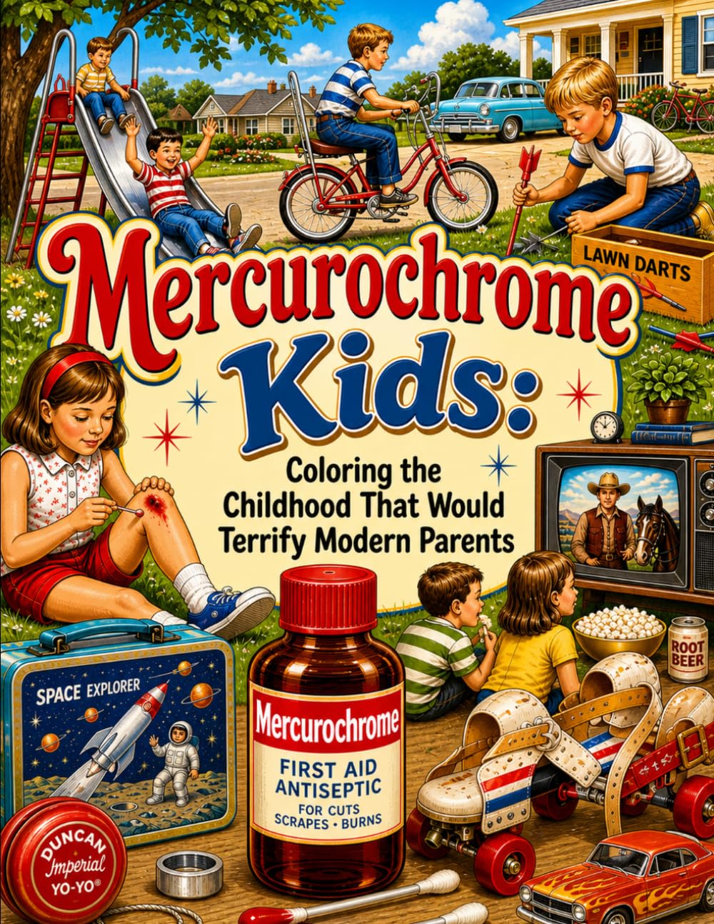 Mercurochrome Kids: Coloring the Childhood That Would Terrify Modern Parents: A Nostalgic Coloring Book of Playground Dangers, Neighborhood Freedom, and Growing Up Before Safety Labels