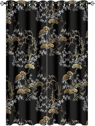 Cortinas opacas japonesas modernas para sala de estar, diseño de pino chino japonés negro y dorado, cortinas de oscurecimiento de habitación con