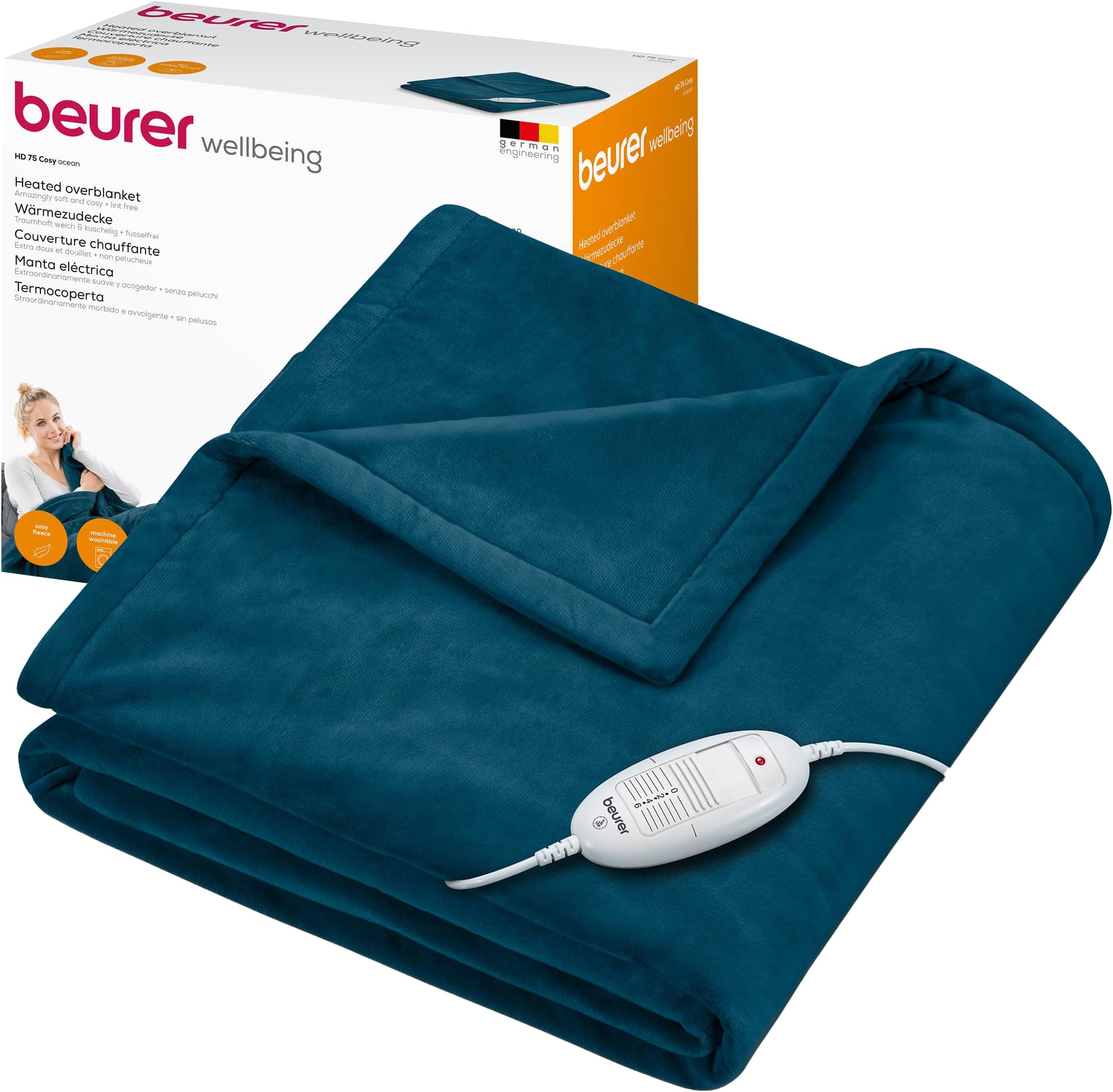 Beurer HD75 Electric Blanket with 6 Temperature Settings, Soft Heated Throw for Cosy Sofa Nights, Automatic Switch-Off & Safety System, Machine-Washable, Ocean, 180 x 130 cm, 100 watts