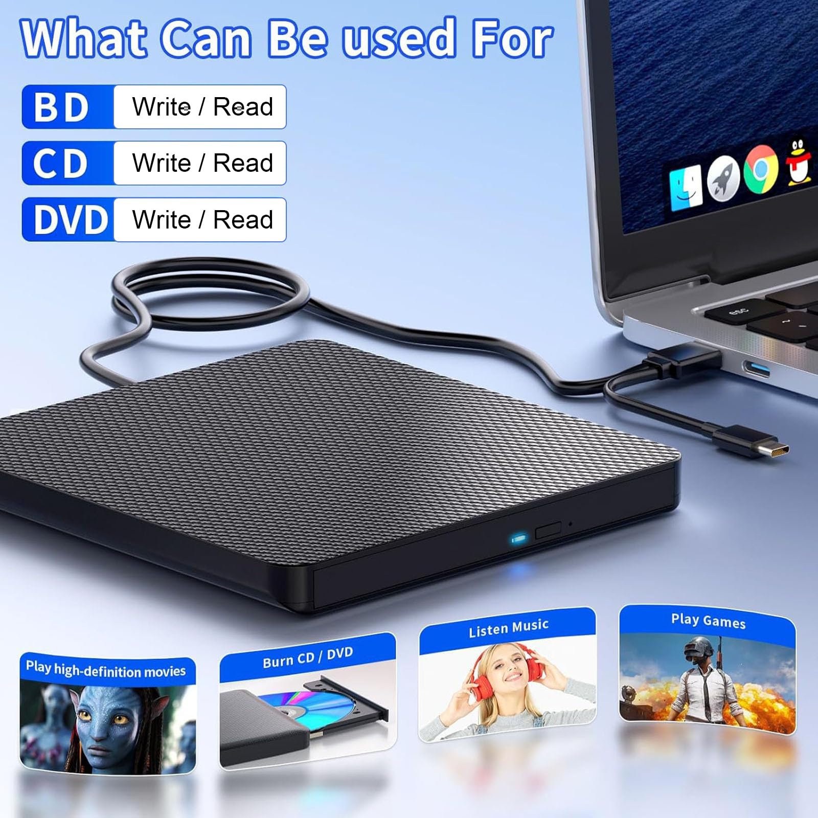 Colexy Blu ray Brenner, Bluray Laufwerk Extern, USB 3.0 Typ-C 3D CD DVD BD Brenner, Brenner Player für MacBook Laptop Desktop PC Laptop Kompatibel mit Mac OS Windows XP/7/8/10/11