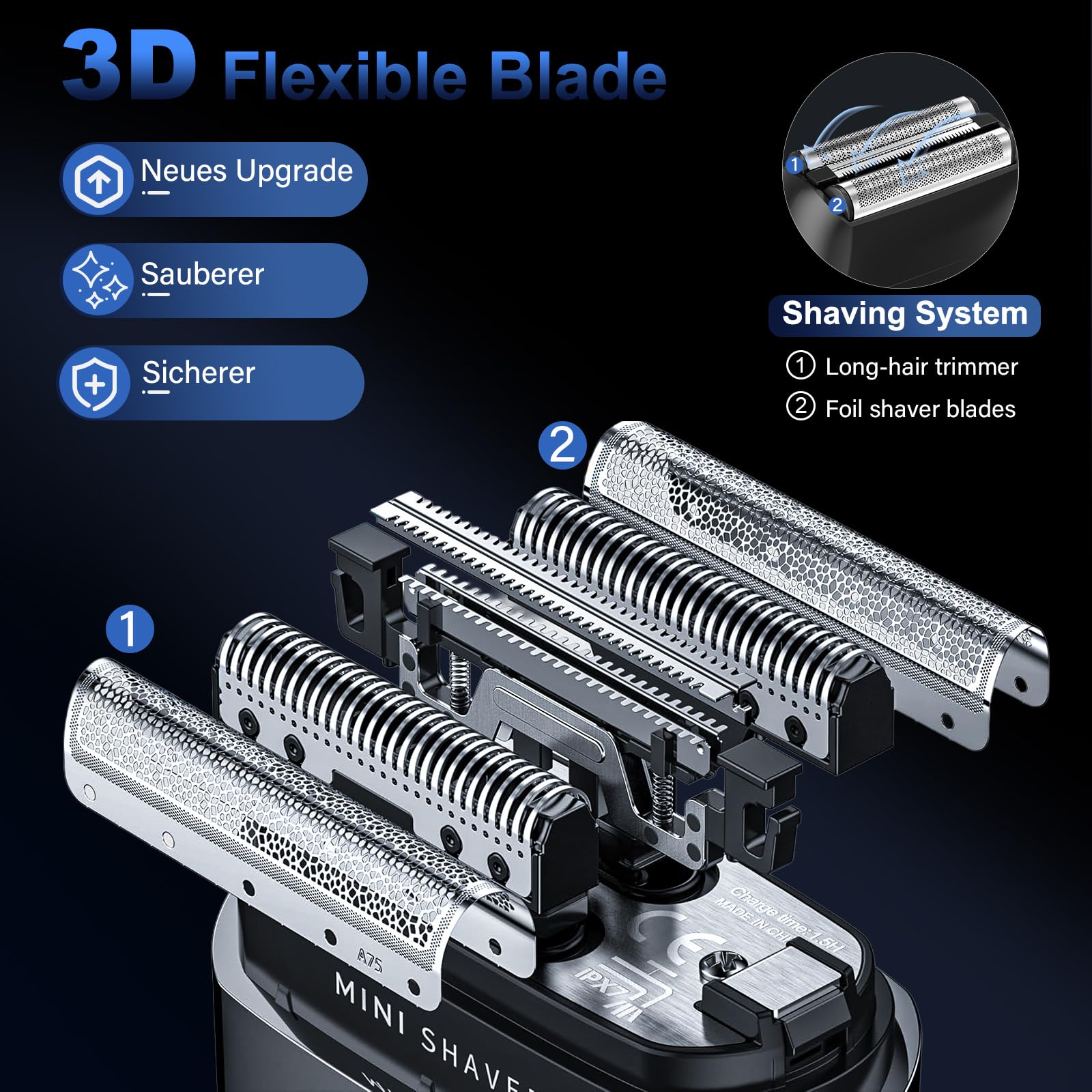 Rasoio Elettrico Barba con Display LED, IPX7 Impermeabile Rasoio Barba Uomo Wet & Dry, Shaver Barba Durata della Batteria 180 Minuti, Leggero e Silenzioso, Rasoio Uomo per Barba, Viso e Viaggi