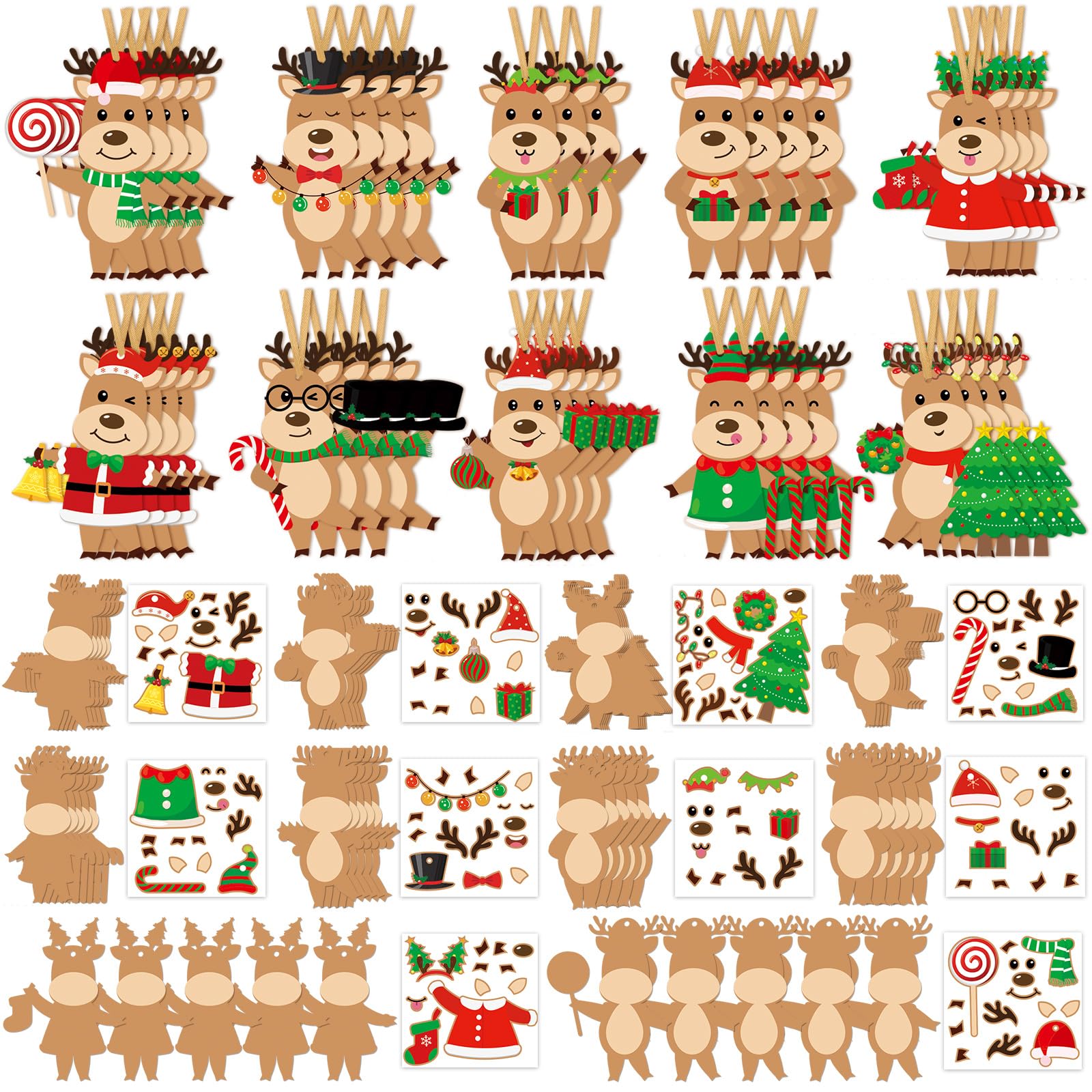 Dianelhall 50 Pcs Christmas Reindeer Craft Kit for Kids DIY Christmas Ornaments Craft Kit Fun Make Your Own Christmas Reindeer Sticker Accessories Craft Project for Xmas Tree Home Class Decoration