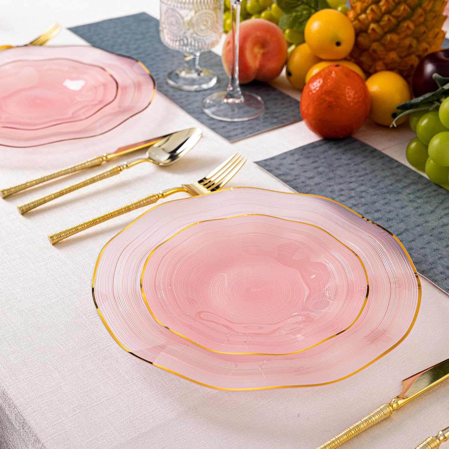 120PCS Pink Plastic Plates with Gold Rim, Heavy Duty Disposable Plates, Elegant and Fancy 60 Dinner and 60 Dessert Plates for Party and Wedding - Image 5