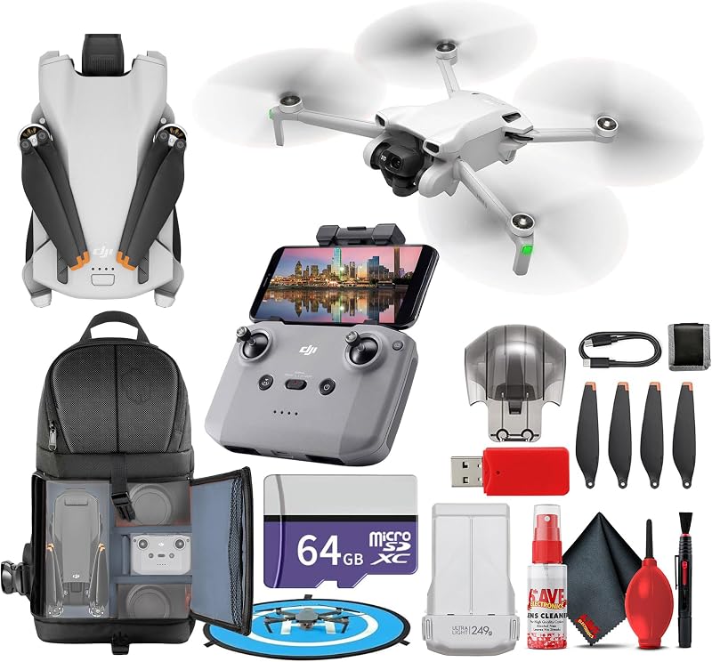 Drone DJI Mini 3 con control remoto DJI RC-N1, cámara 4K liviana, plegable, paquete de cuadricóptero (CP.MA.00000587.01) + tarjeta de 64 GB + mochila + plataforma de aterrizaje + lector de tarjetas + kit de limpieza + más