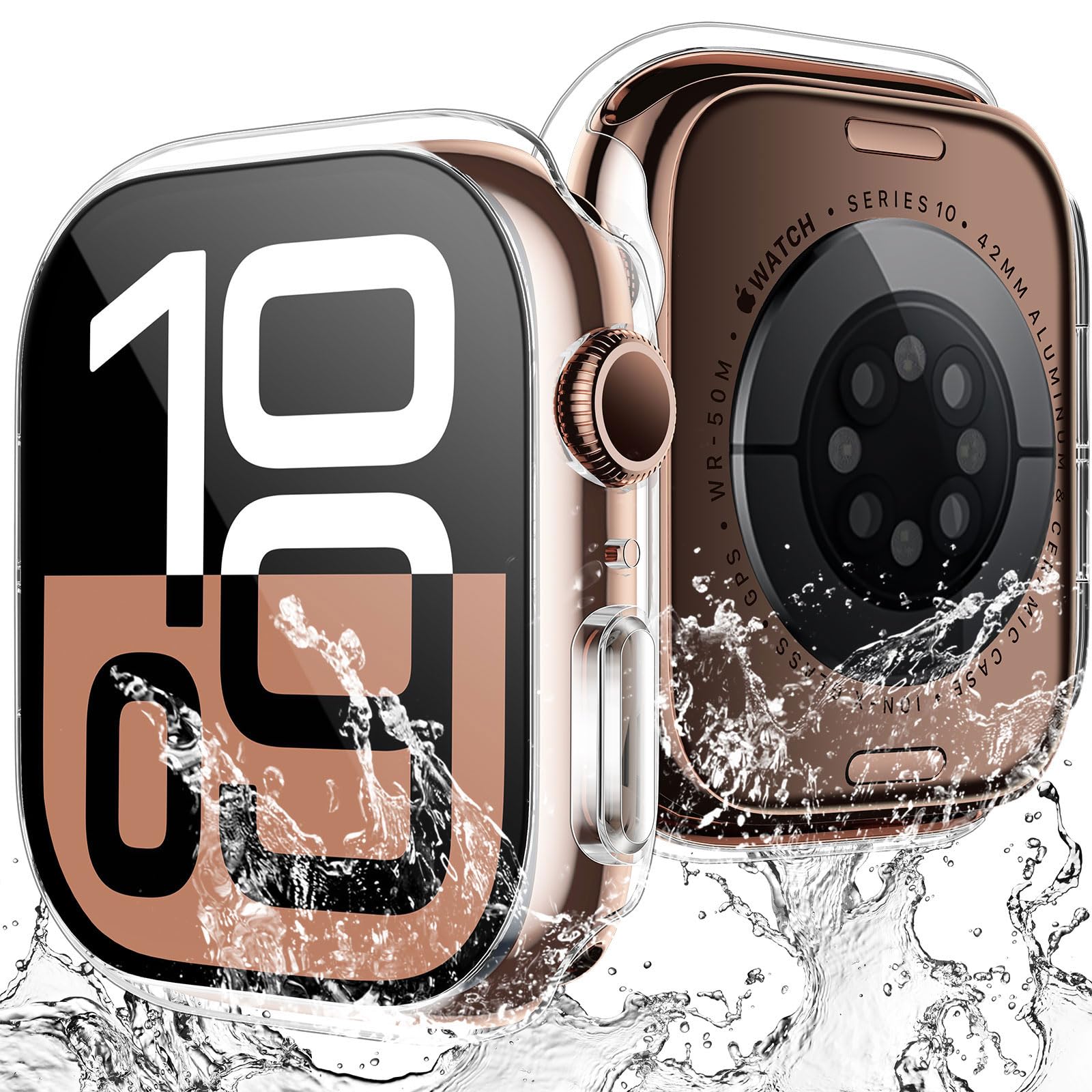 TAURI 2 Pezzi Cover per Apple Watch Series 10 42mm, [Certificazione IP67 Impermeabile] con Protezione in Vetro Temperato 9H, [Completa] Custodia Protettiva Sottile 42mm-Trasparente