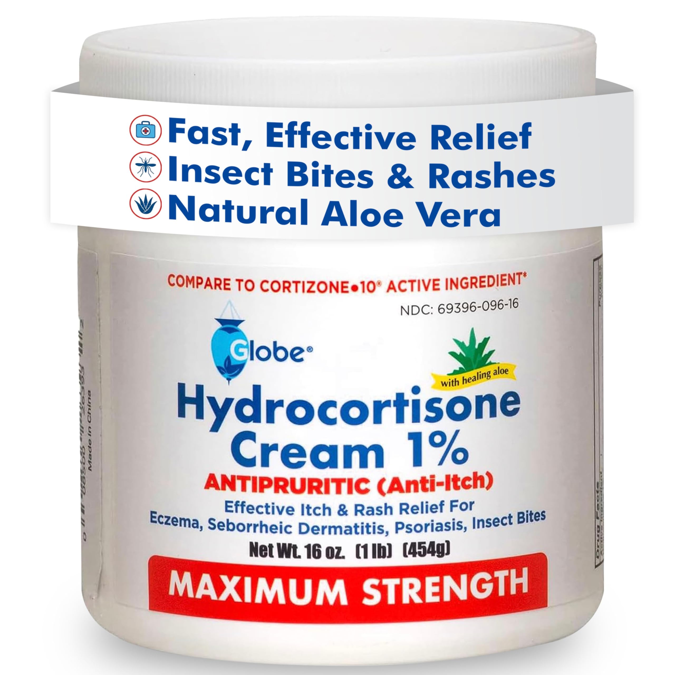 Globe Hydrocortisone Cream 1% with Aloe, Maximum Strength, 16 oz Jar