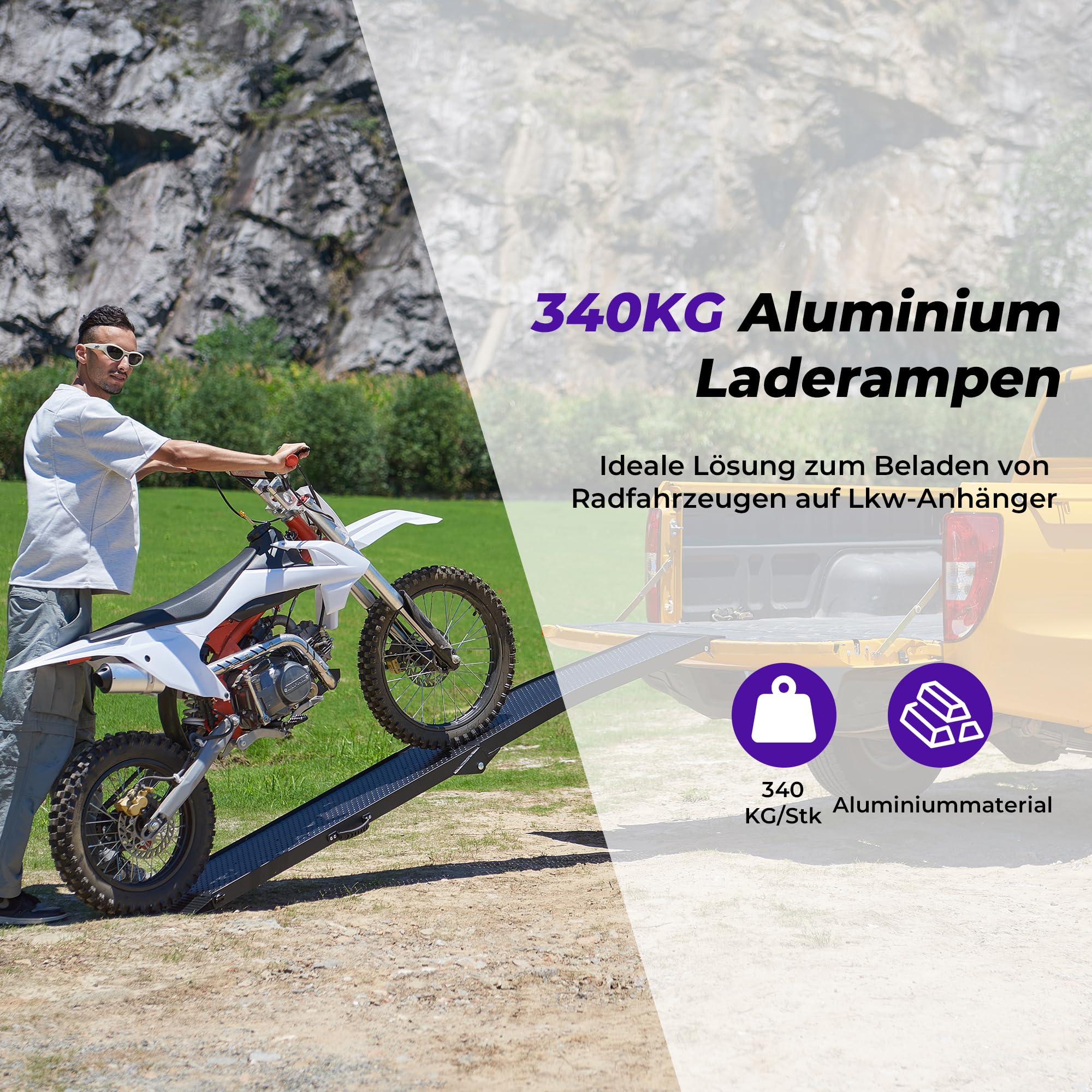 FACHNUO 228x28cm Auffahrrampe klappbar 340 kg Tragfähigkeit Aluminium Rampe für Motorrad, Quad, Pick-up mit tragbarem Griff, Rutschfester Oberfläche, platzsparend(1 Stück, Schwarz)
