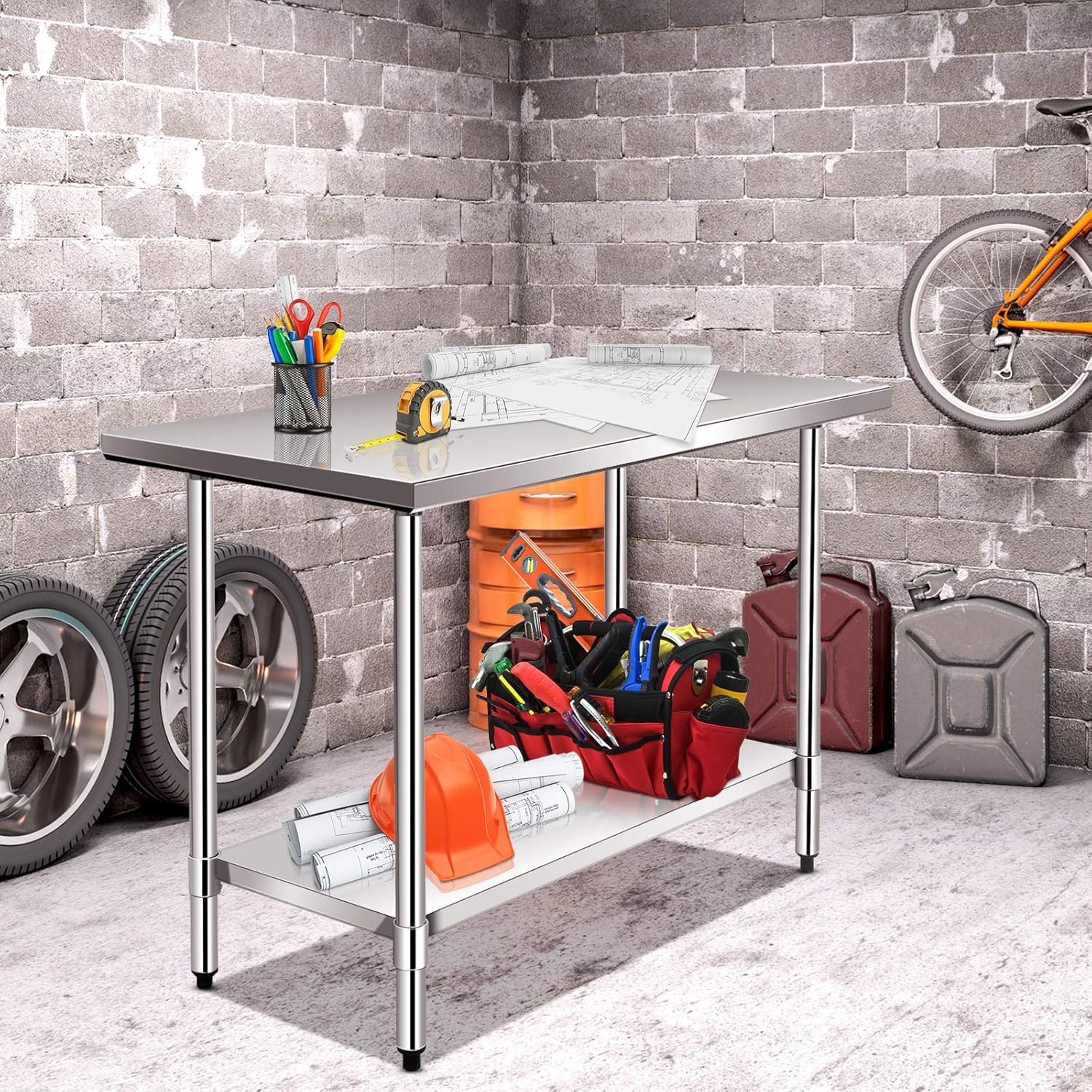 GOPLUS Mesa de Trabajo de Cocina de Acero Inoxidable con 2 Estantes, Mesa de Trabajo Profesional para Cocina y Operaciones Industriales (122 x 61 x 90 CM)