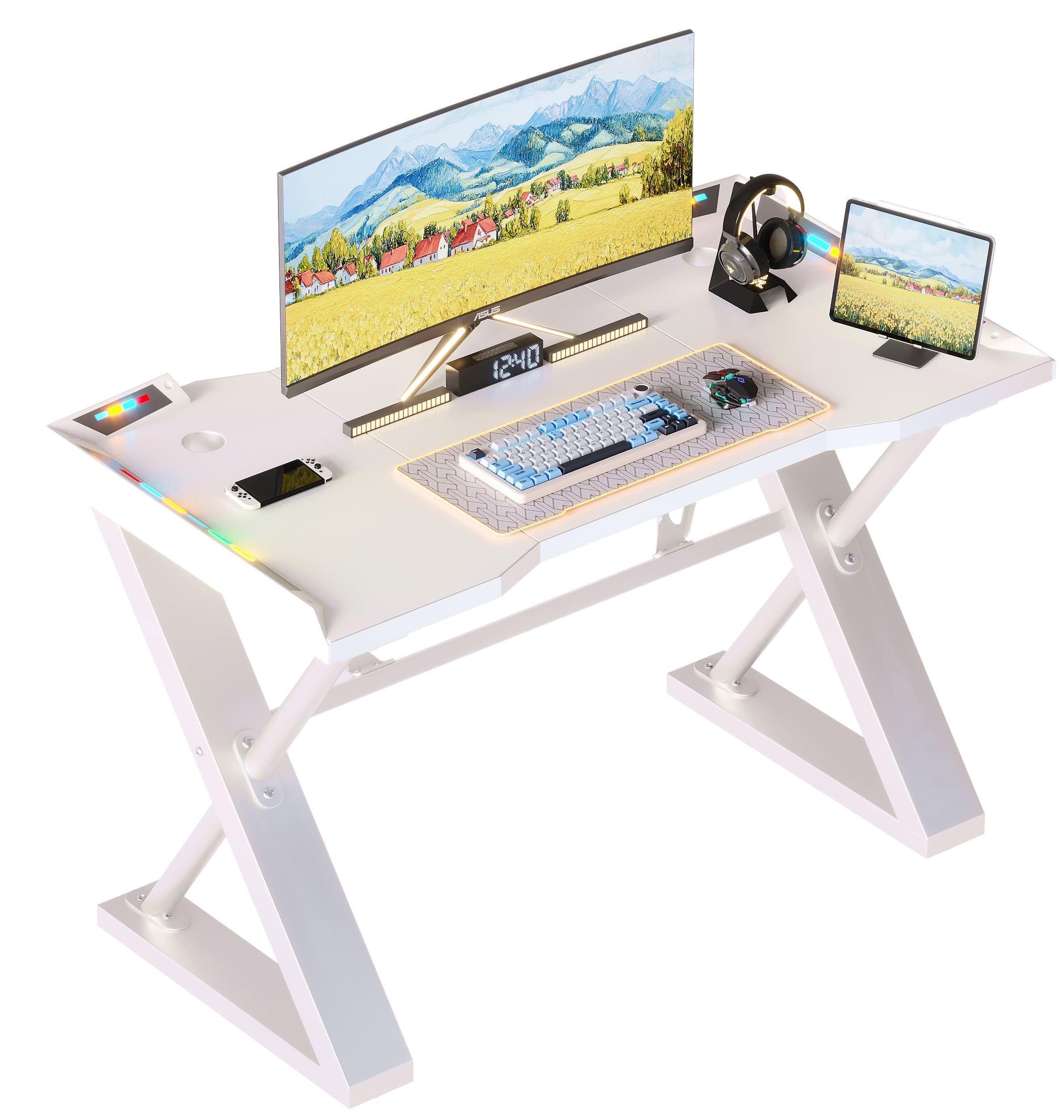Xyphren 120 * 55 cm Gaming Desk with LED Lights, Gaming Table Thickened Z Shaped, Gamer Desk with Carbon Fiber Coated, Gaming PC Desk, Computer Desk Easy to Assemble, White