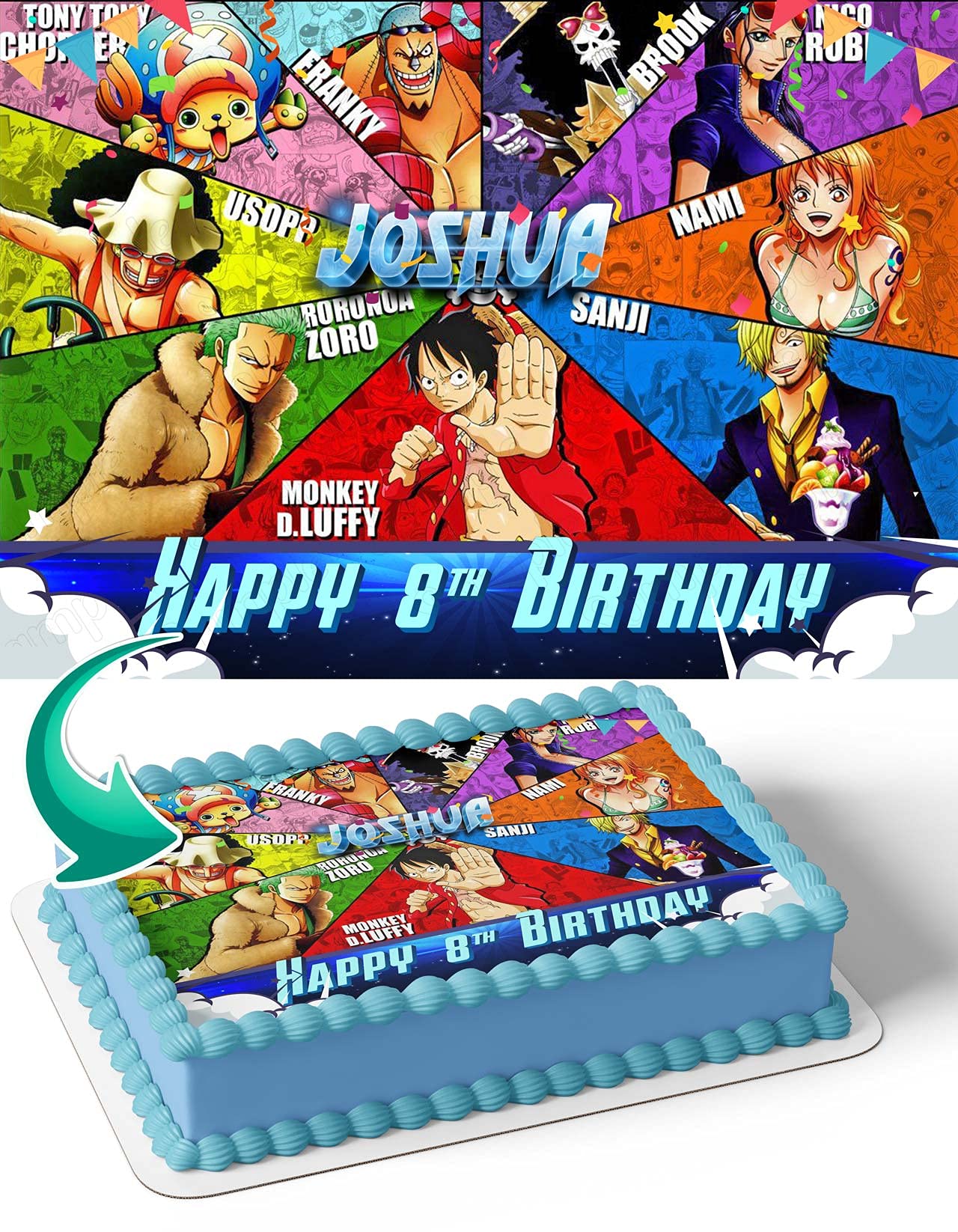 Cakecery One Piece Luffy Zoro Nami Edible Cake Image Topper Personalized Birthday Cake Banner 1/4 Sheet