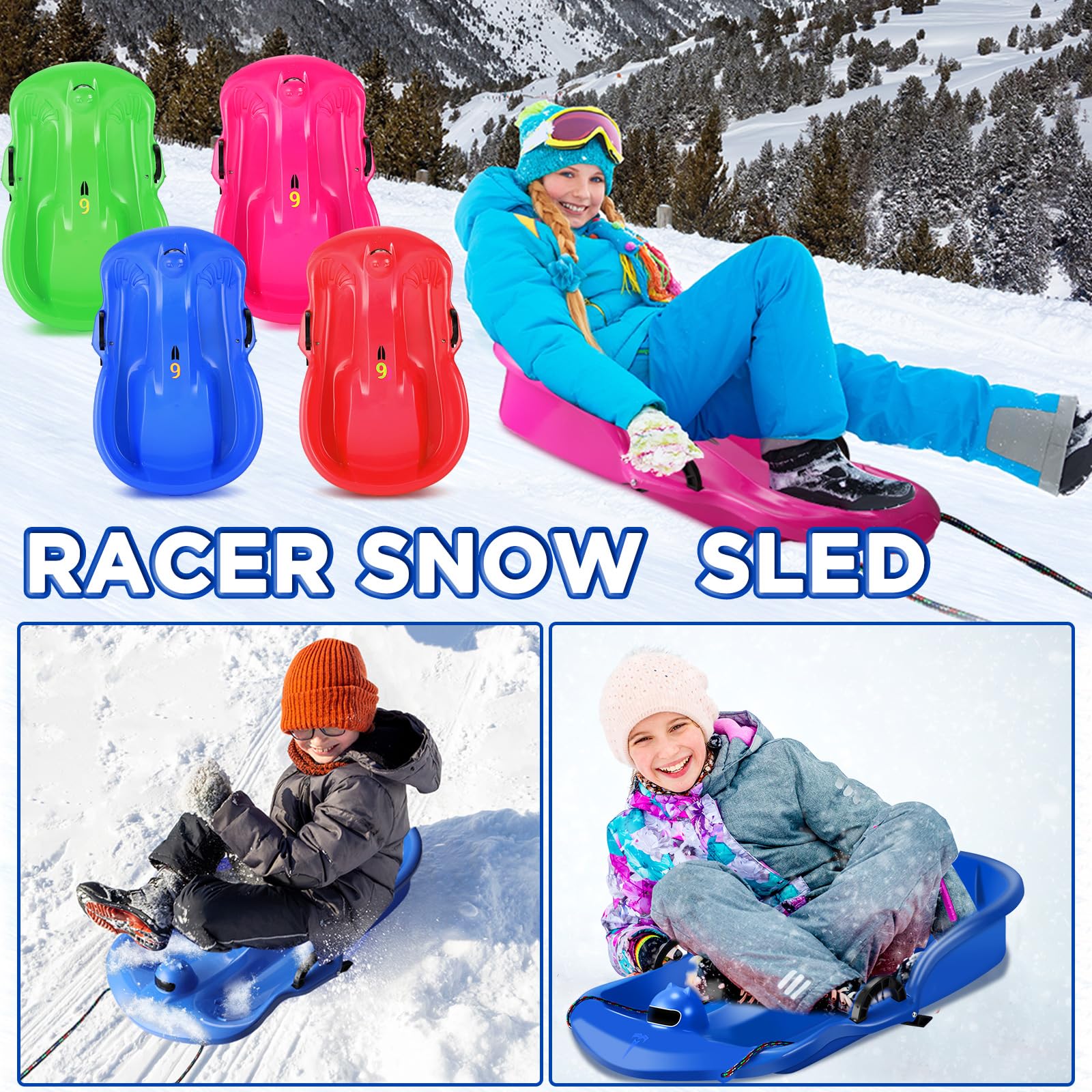 Leyndo 4 Pieces Racer Snow Sled with Pulling Rope Brakes Two Handles Plastic Toboggan Flexible Sledding Board for Kids Toddler Winter Sand Downhill Outdoor, red, Pink, Green, Blue