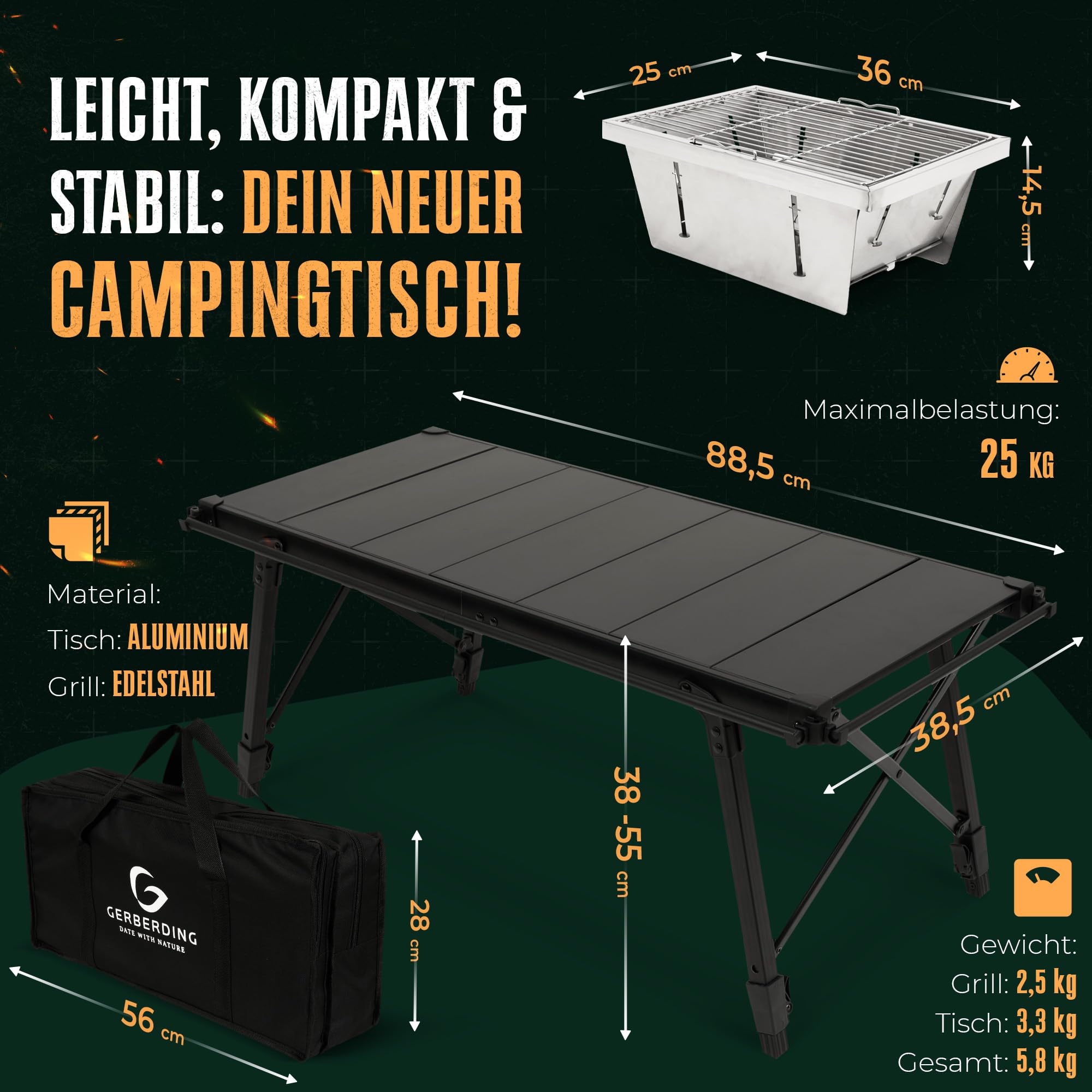 2in1 Holzkohlegrill & Campingtisch | Klappgrill mit Tischfunktion für 2-3 Personen | Kompakter Grill mit Klapptisch | faltbar & tragbar | Mini Grill ideal für kurze Trips