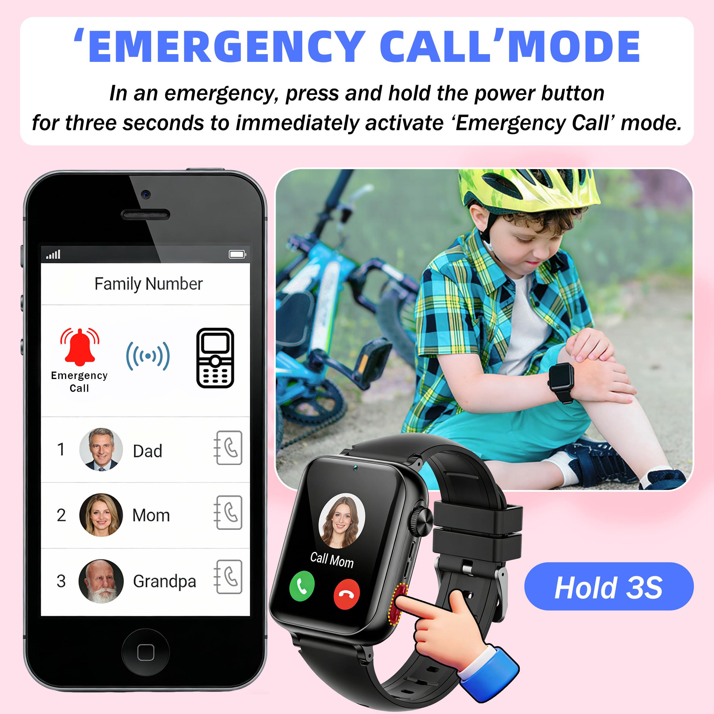Orologio Smartwatch Bambini, 1.83" Touchscreen, con 4G Telefono/Chat/Video, GPS+LBS+WiFi Posizionamento, SOS, Modalità Scuola, IP68 Impermeabile, Regalo di Compleanno per Bambino (Nero)
