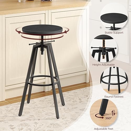 Miniatura 8 de Taburetes de bar, sillas de bar redondas con marco de metal resistente, juego de 2 taburetes de bar industriales, altura ajustable, taburetes de