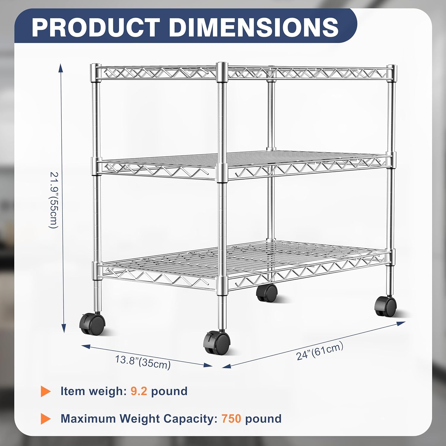750lbs 3-Tier Wire Shelf Rack,24" Dx14 Wx22 H,Kitchen Metal 3-Shelves Rack with Lockable Wheels,Height Adjustable Wire Shelving Unit and Storage for Living Room,Laundry,Office,Pantry,Studio - Image 3