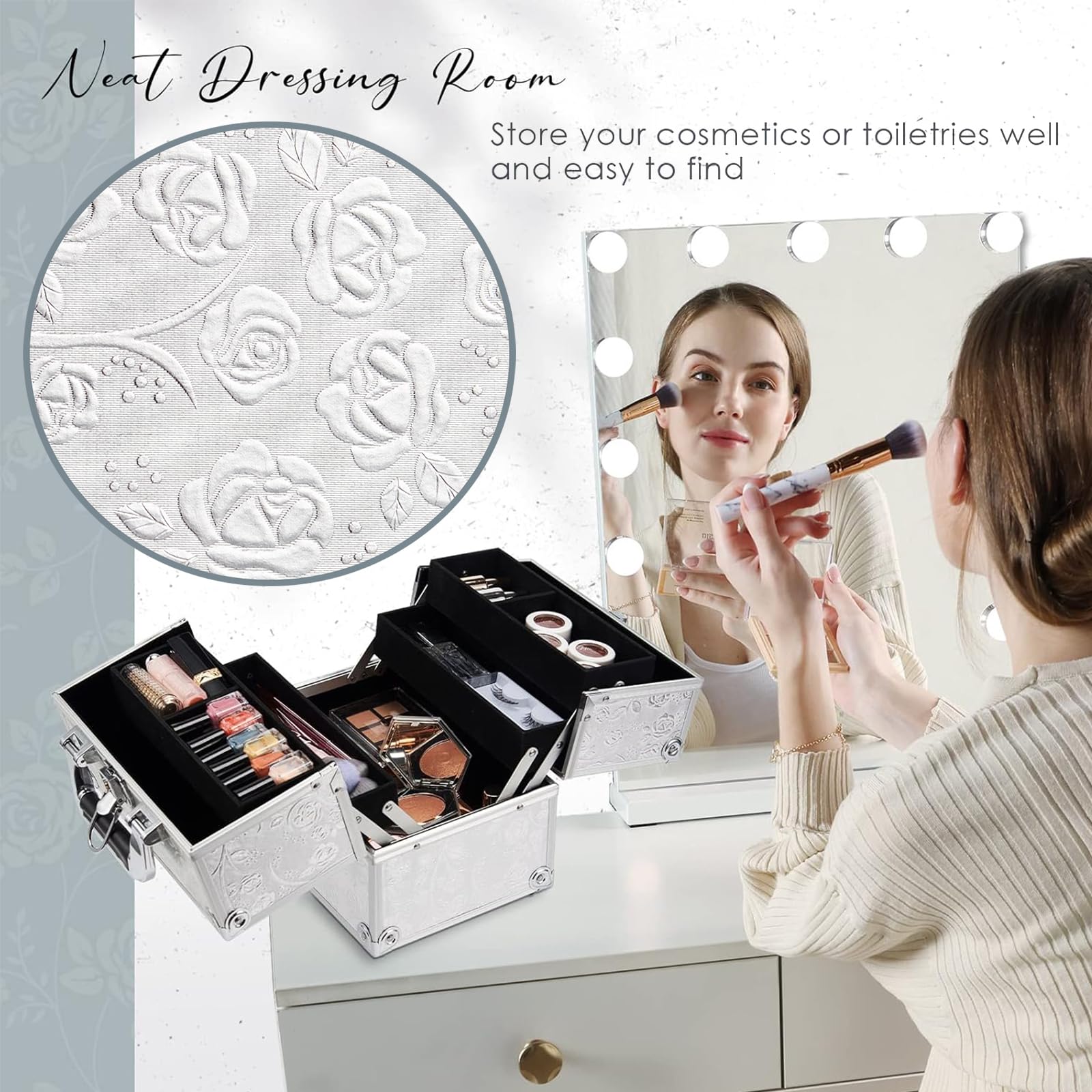 Beauty case con 4 vassoi, organizer per cosmetici, con serrature, Rosa argentata.