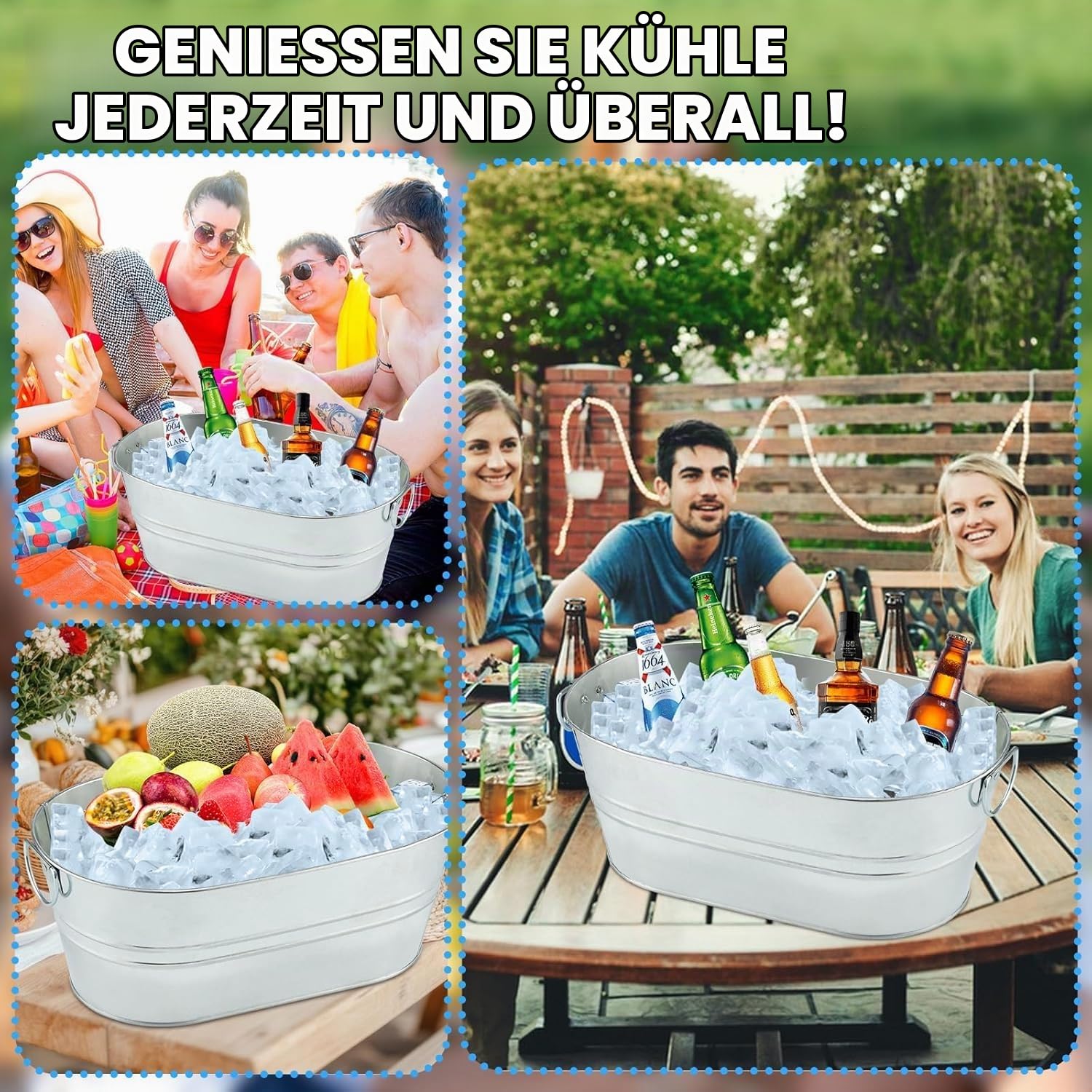4 Stück 13 Liter Rund Verzinkter Stahl Getränkekühler mit Schaufeln Getränkewanne Sektkühler, Flaschenkühler, Kühlwanne, Eiskübel, Eiseimer für Garten-Party