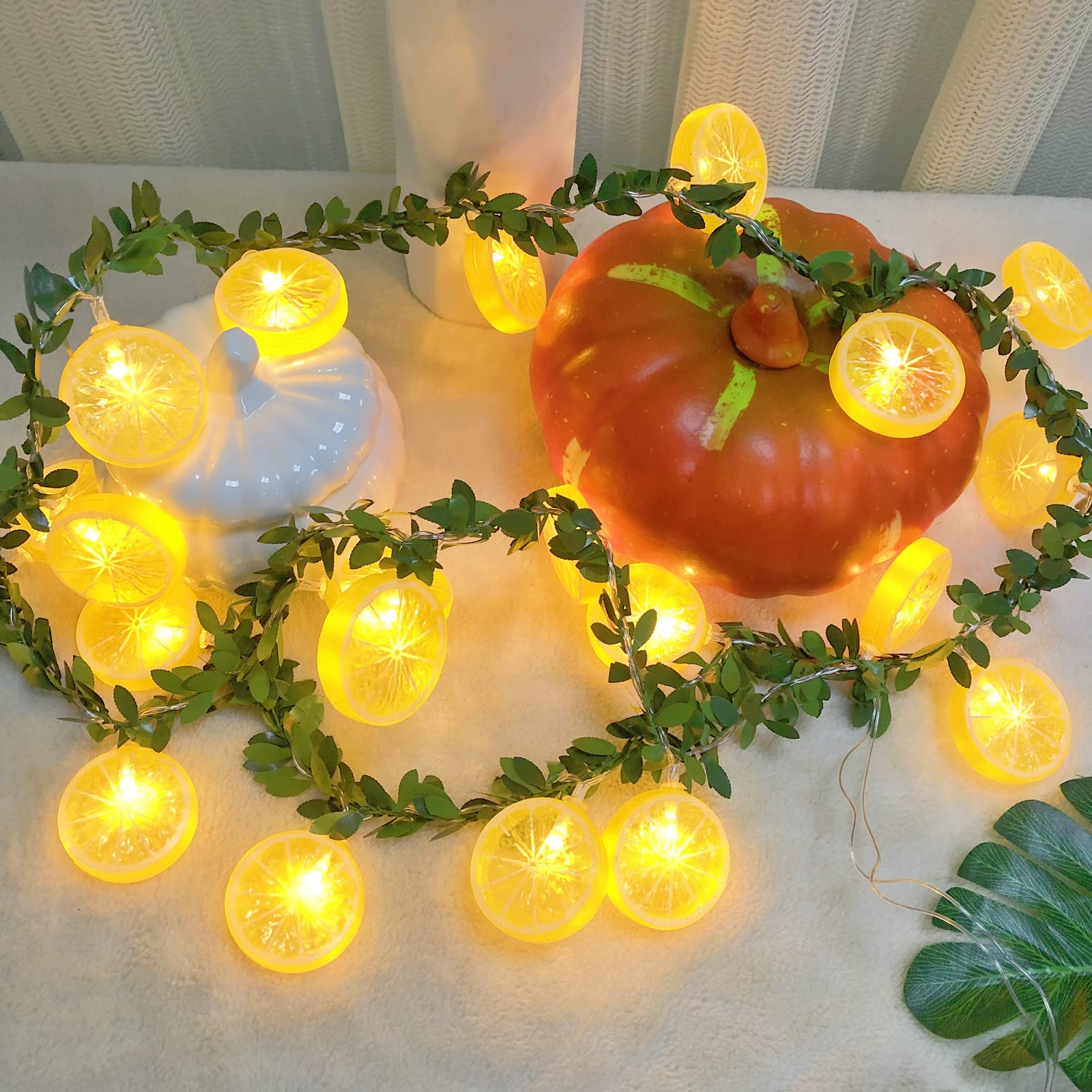 Riaxuebiy Lemon Slice Decor Lights Lemon Green Leaf Vine Fairy Lights 3M 20LED USB Powered Fruit Garland Lamp for Kitchen Patio Fence Camping Holiday Party Summer Decoration (Yellow Lemon-B)