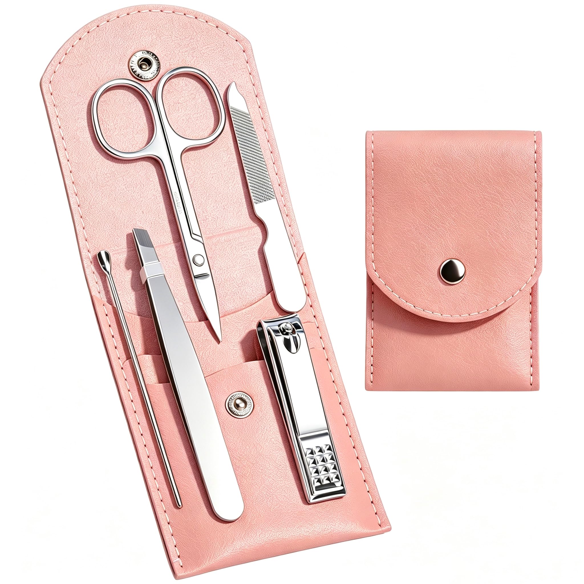 HANTEKAS Travel Manicure Set Professional Nail Clipper Kit-5 Pieces Stainless Steel Manicure Kit, Women Men Grooming kit With Nail Care Tools Beauty Scissors Tweezers (Silver Pink)