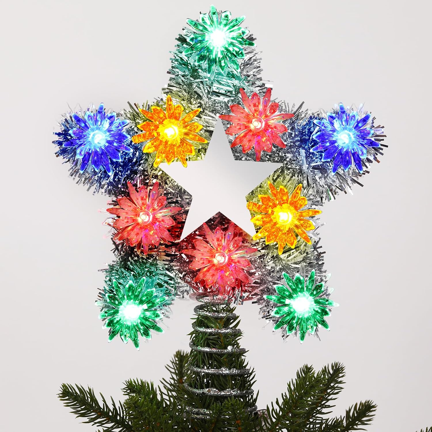 Vintage Christmas Star Tree Topper Nostalgic Christmas Decorations 8" Silver Retro Tinsel Tree Topper Lighted Multicolor Lights for Home Xmas Holiday Treetop Outdoor Indoor