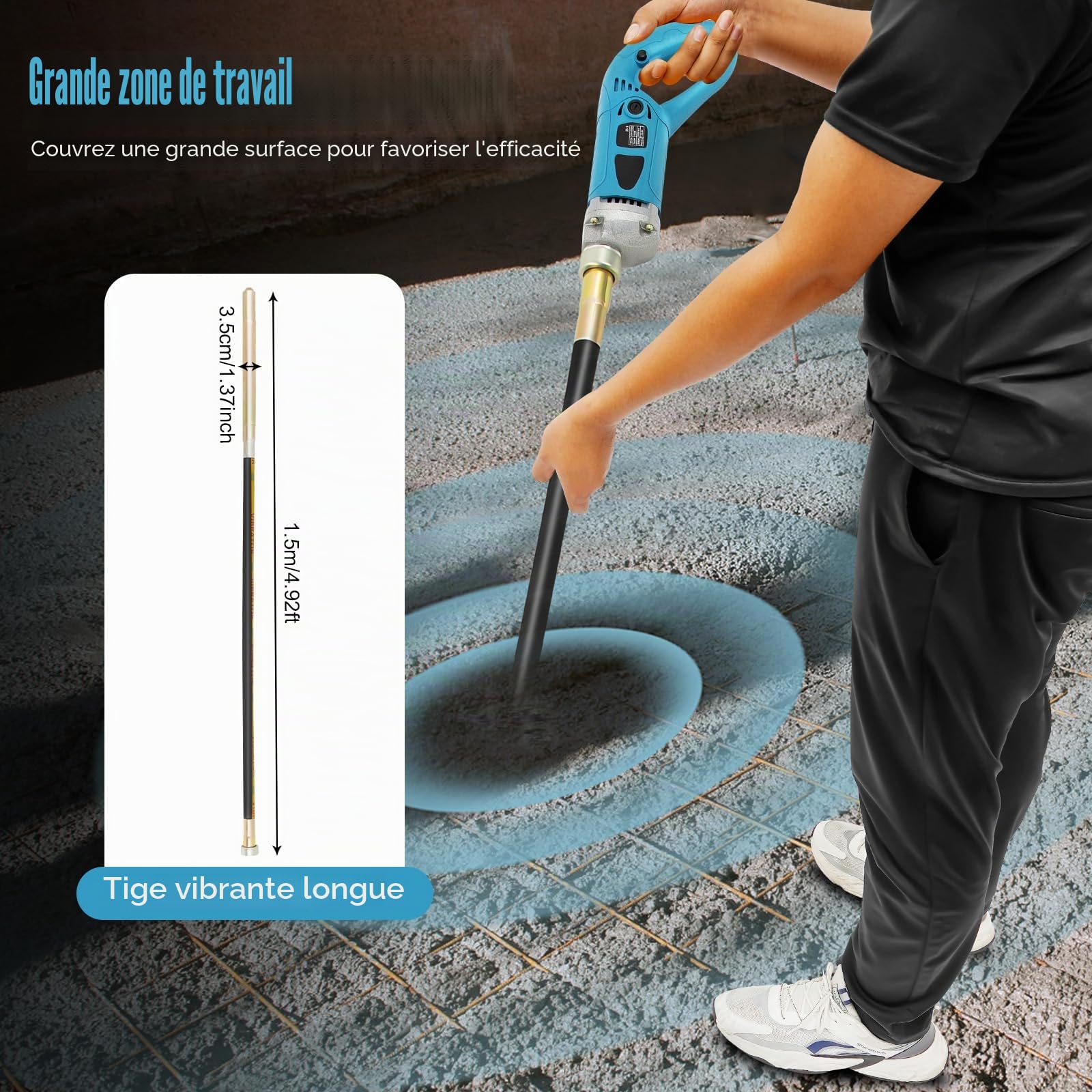 Vibrateur à béton, 850 W/1300 W bétonnière, vibrateur pour ciment, vibrateur pour carrelage, avec tuyau, tuyau de 1,5 m (1300 W)