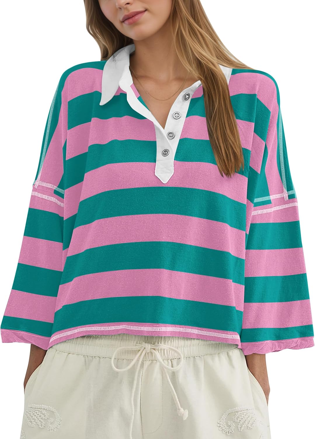 Meladyan Women's Oversized Striped Polo Shirt 3/4 Sleeve Cropped Boxy Tees Side Split Button Front Lapel V Neck T-Shirts