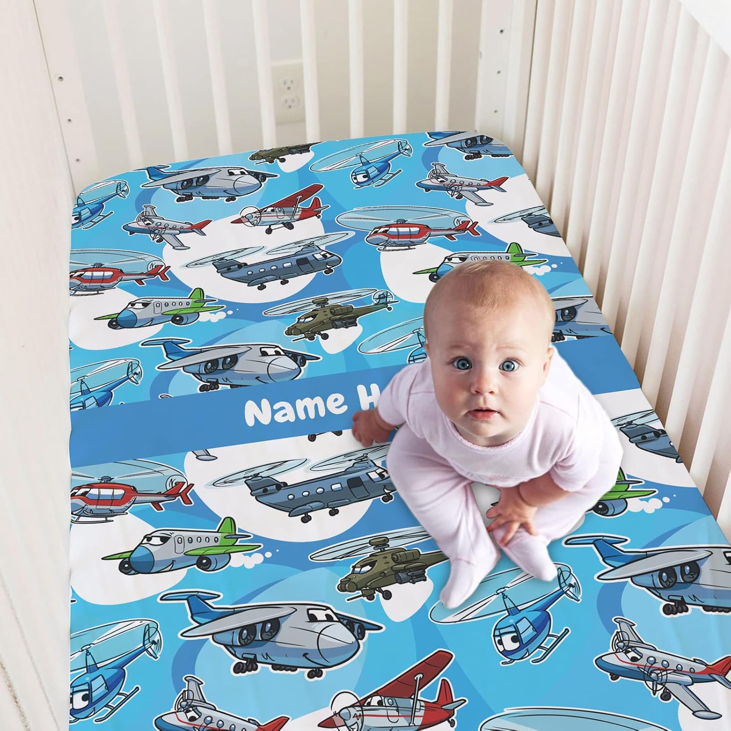 Personalized Funny Plane Baby Crib Sheets with Name, Customized Pack and Play Sheets for Baby Boys, Crib Mattress Sheets, Fitted Crib Bedding Sheets, Mini Crib Sheet | Name Crib Sheets