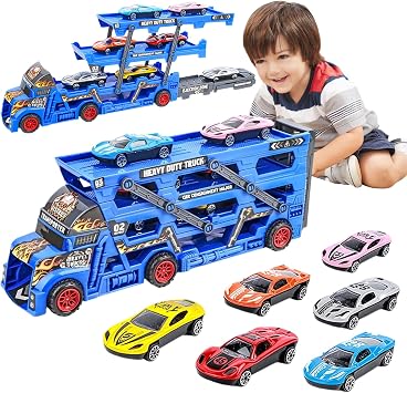 Car Toy Construction Vehicle Set, 1 Transport Vehicle, 6 Mini Car Set, Equipped with Transforming Shooters, Carrier Car Toy, Large Size, Foldable, Container Car, 3 Tier Storage, DIY Sticker Included