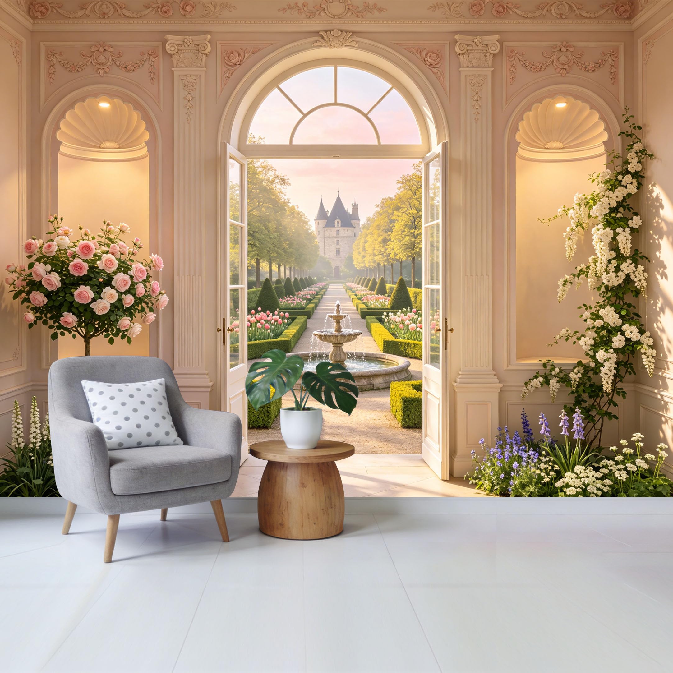 Custom Size Wall Mural Elegant Garden View French Chateau Fountain Botanical Landscape Removable Self Adhesive Fabric Home Wall Decor for Living Room Bedroom Bathroom